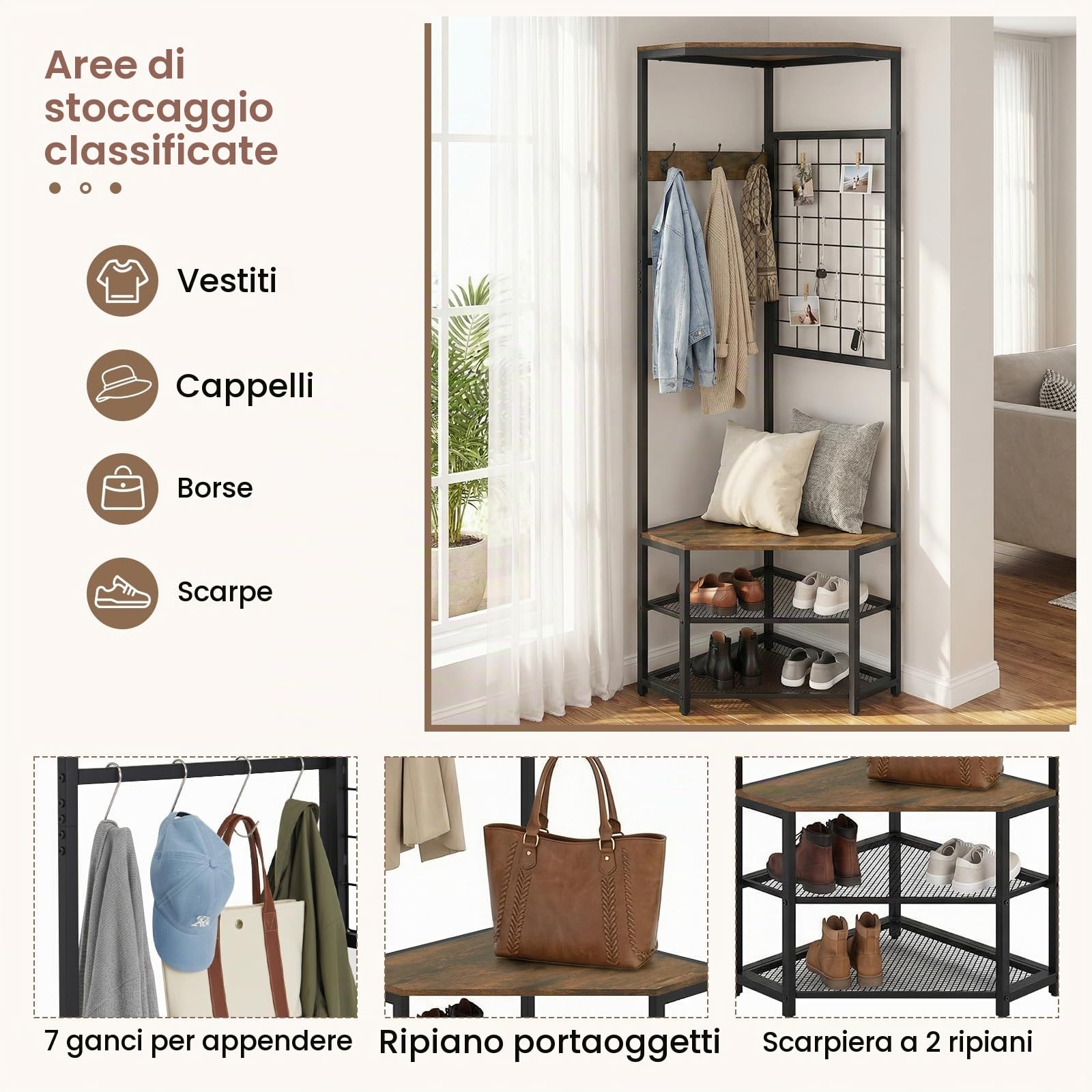 HOMASIS Attaccapanni da Terra Angolare 3 in 1, Appendiabiti per Ingresso Multifunzione con 4 Ripiani Aperti, 7 Ganci e Piedini Regolabili, Stand Appendiabiti Salvaspazio per Scarpe, Borse e Vestiti