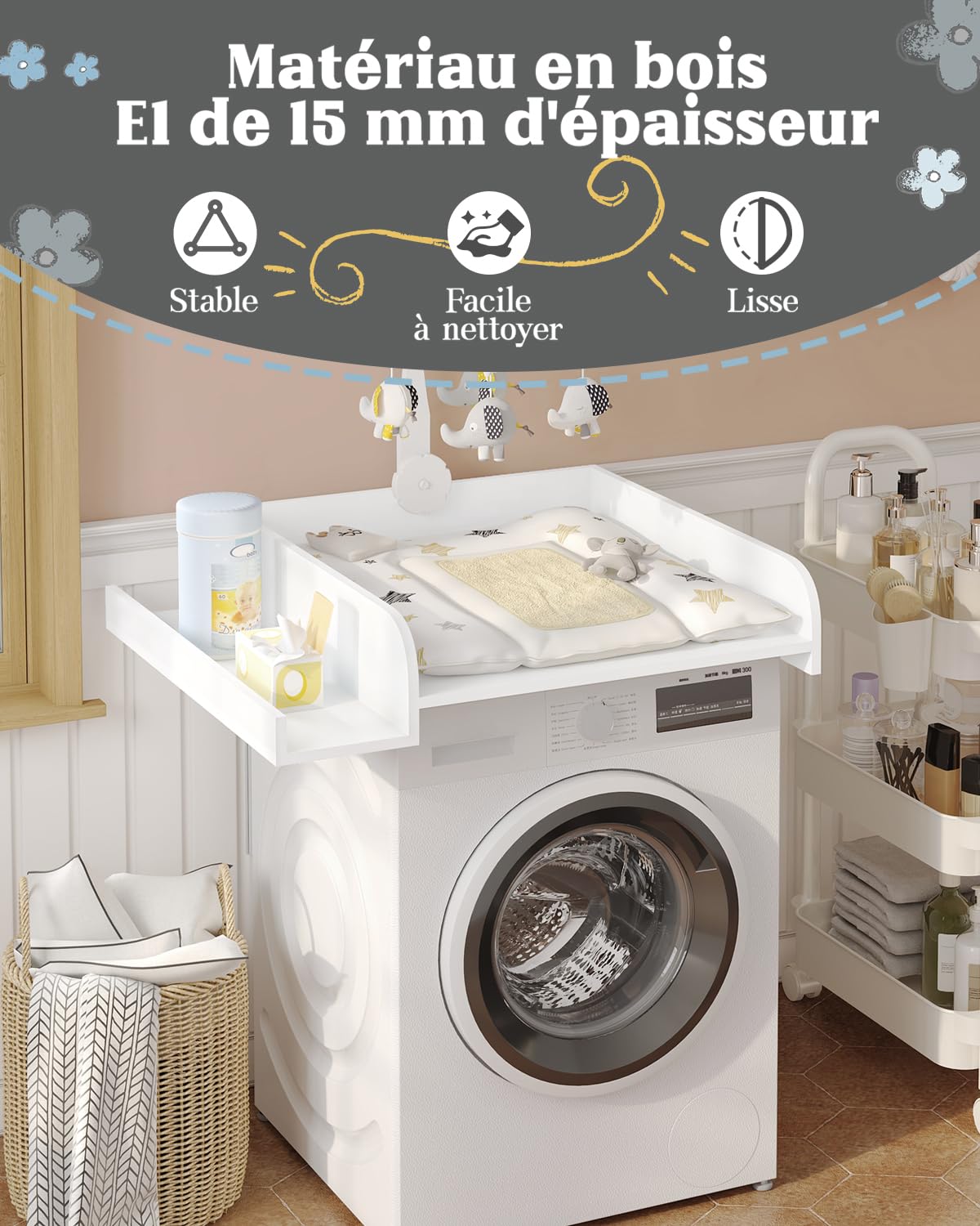 WOLTU Plan à langer pour machine à laver ou sèche-linge, table à langer bébé avec rebord de protection et étagère de rangement, 80 x 70 x 16,5 cm, blanc
