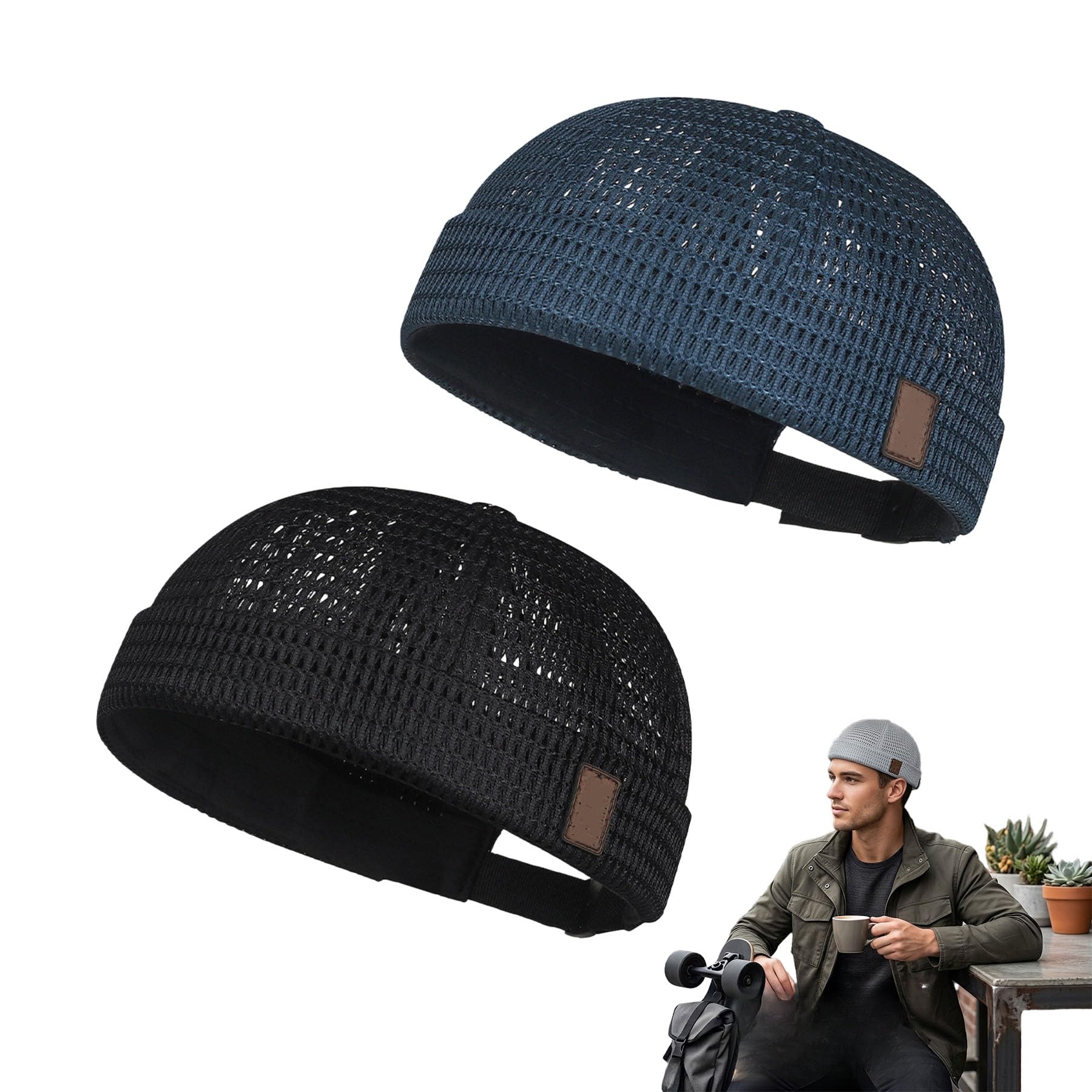 2 Pack Men’s Breathable Brimless Docker Hat, Summer Style Mesh Tang Ultra Cooling Skull Adjustable Hip-Hop Cap Beanie