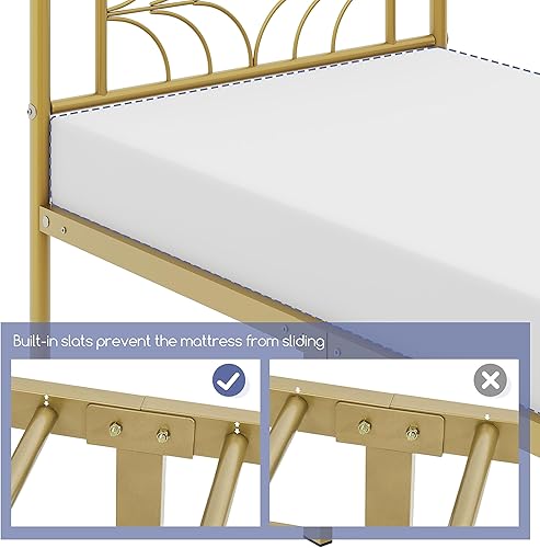 Miniatura 8 de Yaheetech 2 piezas de cama de plataforma de metal dorado antiguo tamaño individual con cabecera de diseño inspirado en estrellas brillantes, base de