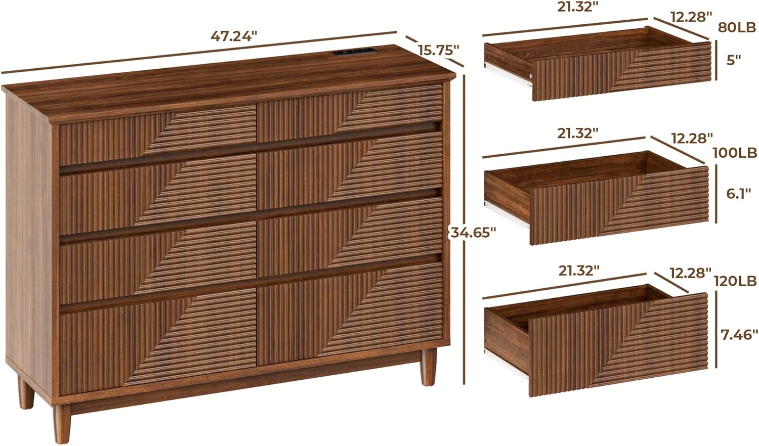 Fluted Dresser with 8 Drawers, 47.2" Wide Modern Wooden Chest, Built-in Charging Station, Anti-Tipping, Large Storage Organizer for Bedroom/Living Room (TV Stand Compatible), Walnut