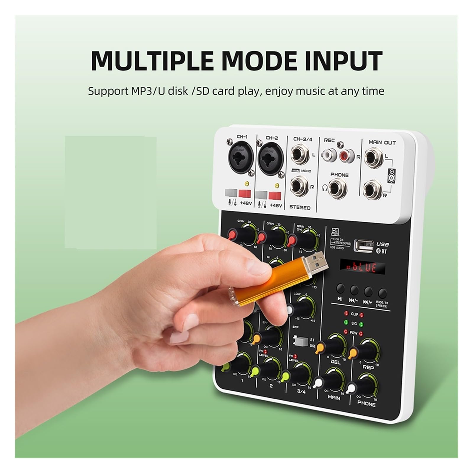 Mixer per DJ, V4 DJ Mixer Console 4 Canali Mixer Portatile 48V Phantom Power USB con Scheda for PC Registrazione Canto(V4 White Type)