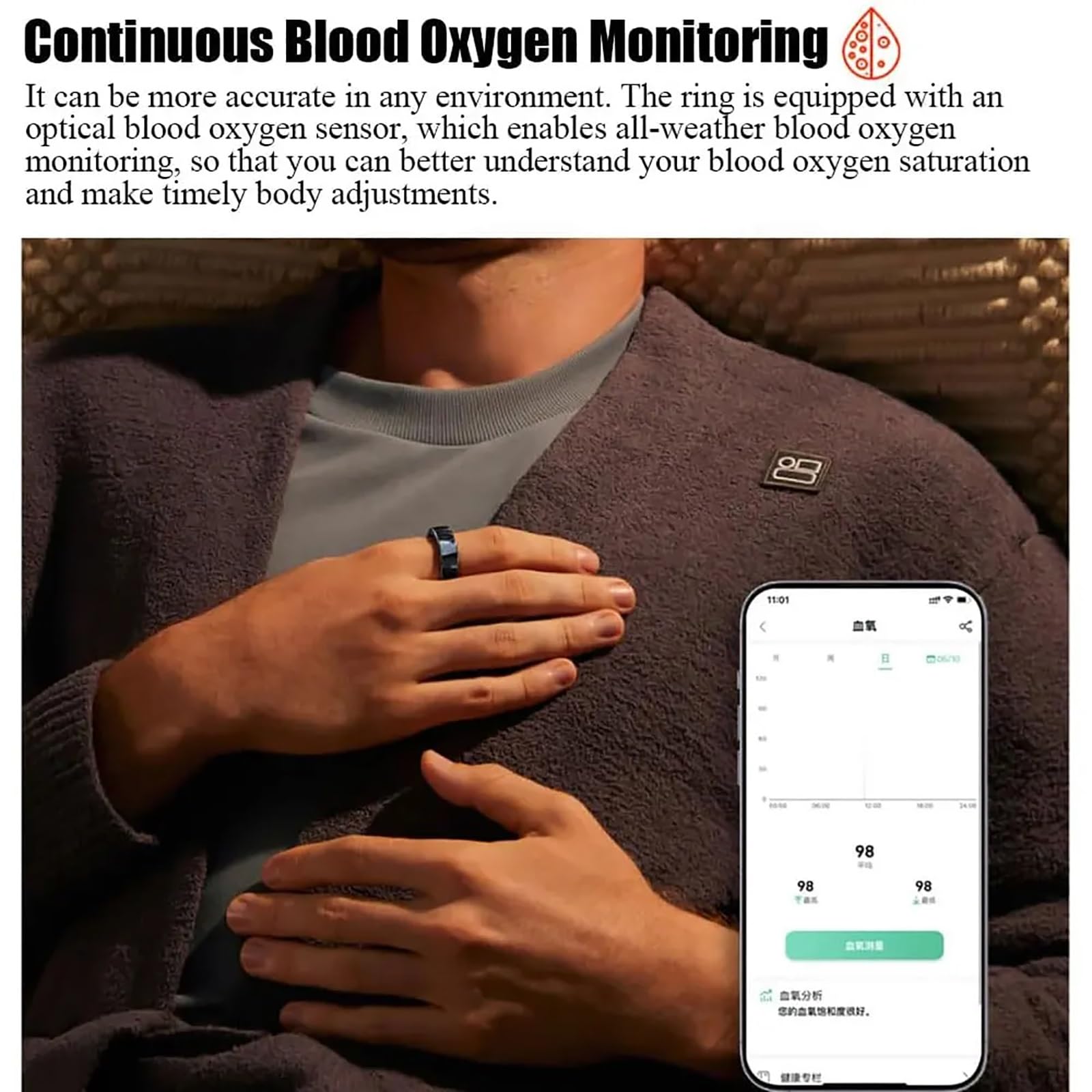 Anillo inteligente de salud, anillo de seguimiento de fitness, monitor de salud impermeable Bluetooth, rastreador de oxígeno en sangre recargable para hombres y mujeres