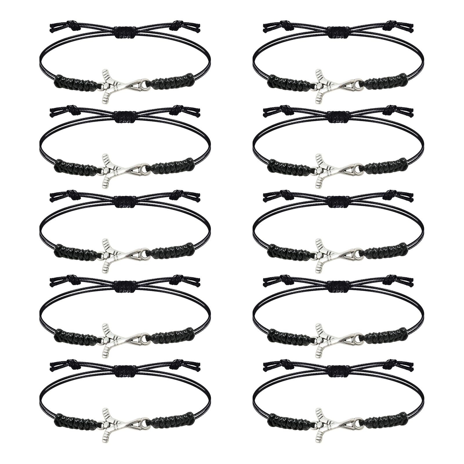 Honbay 10PCS Alloy Ice Hockey Bracelets Adjustable Braided Rope Field Hockey Charm Bracelets Sports Ball Hockey Bracelet for Women Men Sport Team Players Coaches Fans