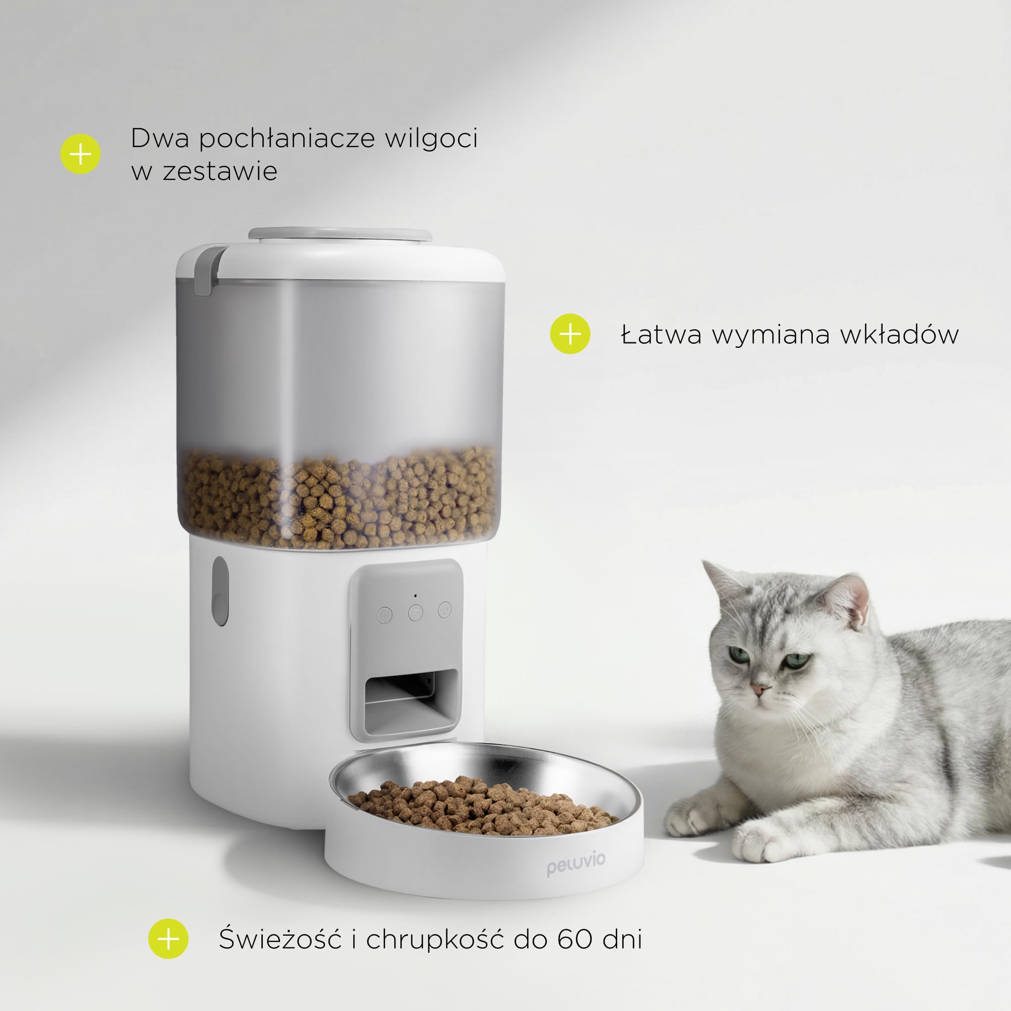 Peluvio Crispy Wi-Fi automatyczny dozownik karmy dla psa z aplikacją Wi-Fi, timerem i nagrywaniem głosu, do 10 posiłków dziennie, pojemnik na suchą karmę 4,5 l, 5-15 mm, 2,5 m kabel zapobiegający