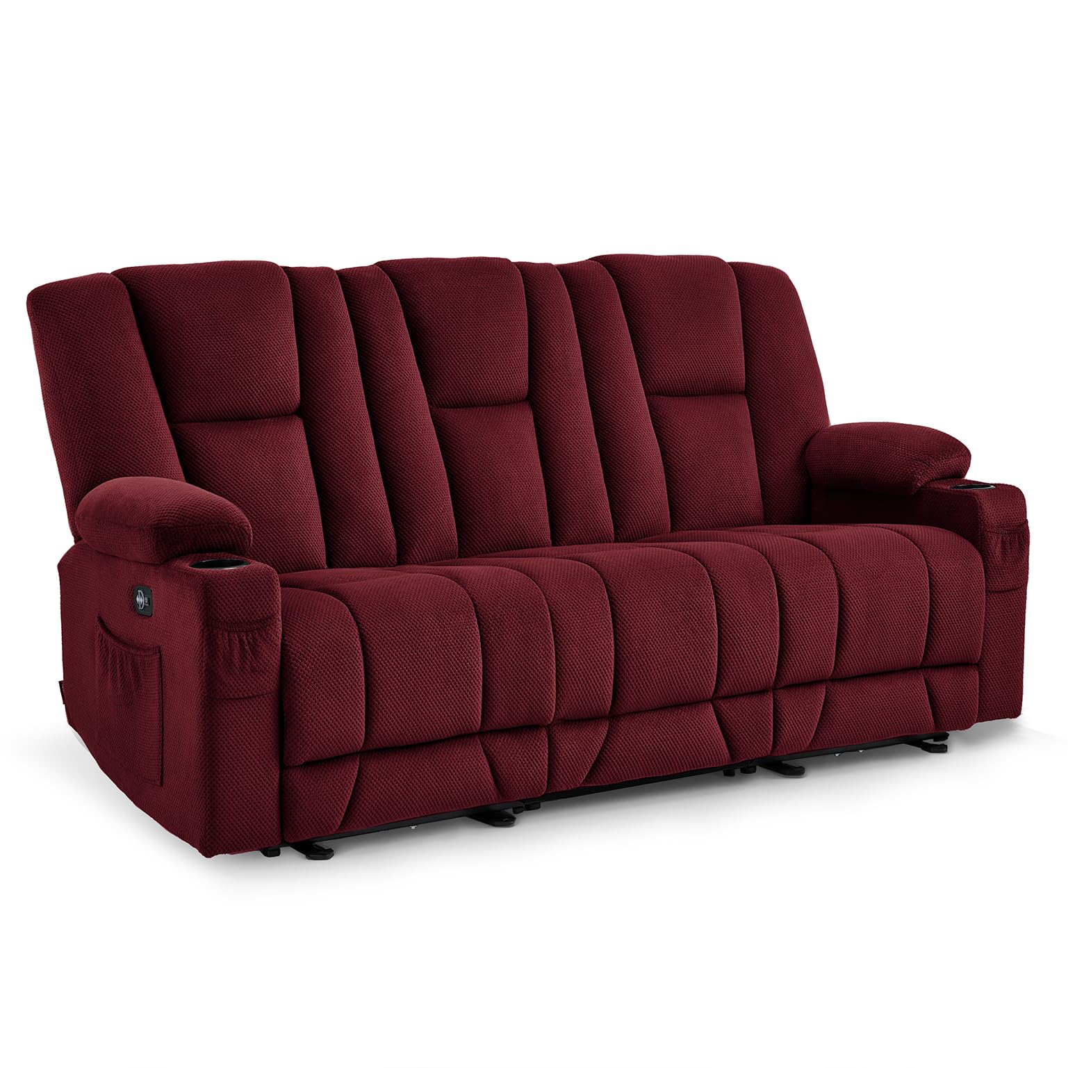MCombo Zero Gravity Power Reclining Sofa with Heat and Vibration Massage, 3 Seater Reclining Couch with USB Ports, Cup Holders for Living Room, Fabric 6035SET (Burgundy, 3 Seater)