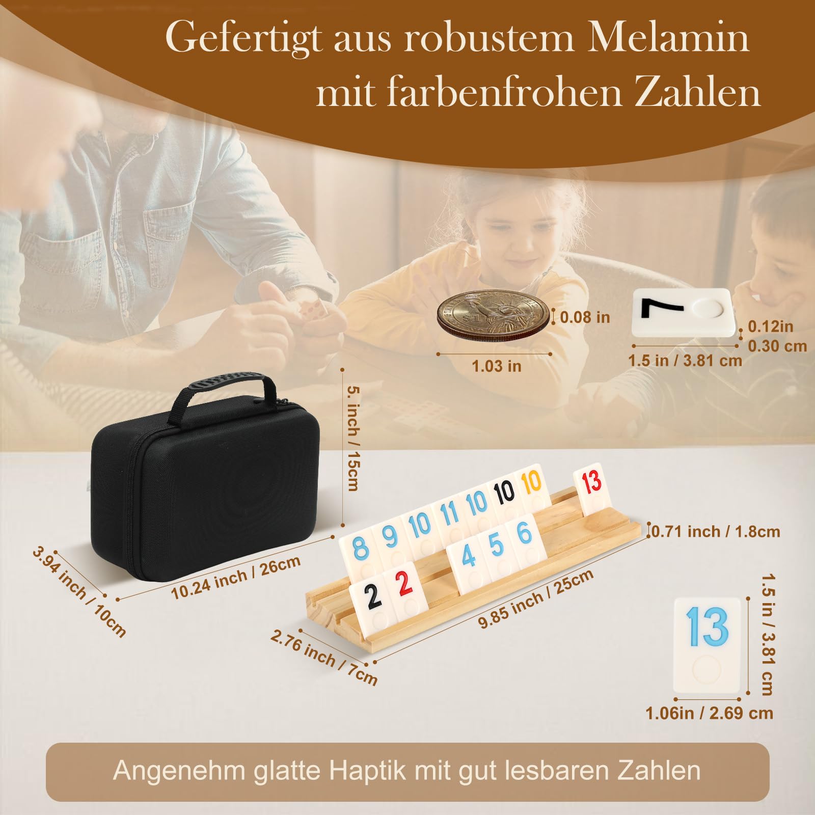 SOOPOTAY Rummy Cup Brettspiel für 2–4 Spieler – 106 Melamin-Fliesen, 4 Holzhalter, Premium-Koffer & Beutel – Reisespiel für Erwachsene