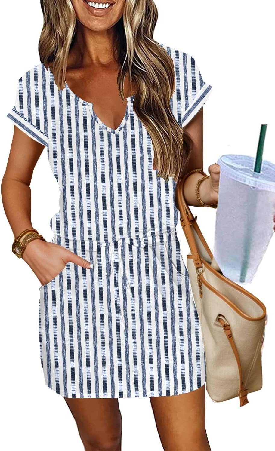 SAUKOLE Women Summer T Shirt Dress Casual Short Sleeve V Neck Dress with Pockets Drawstring Waist Short Dresses