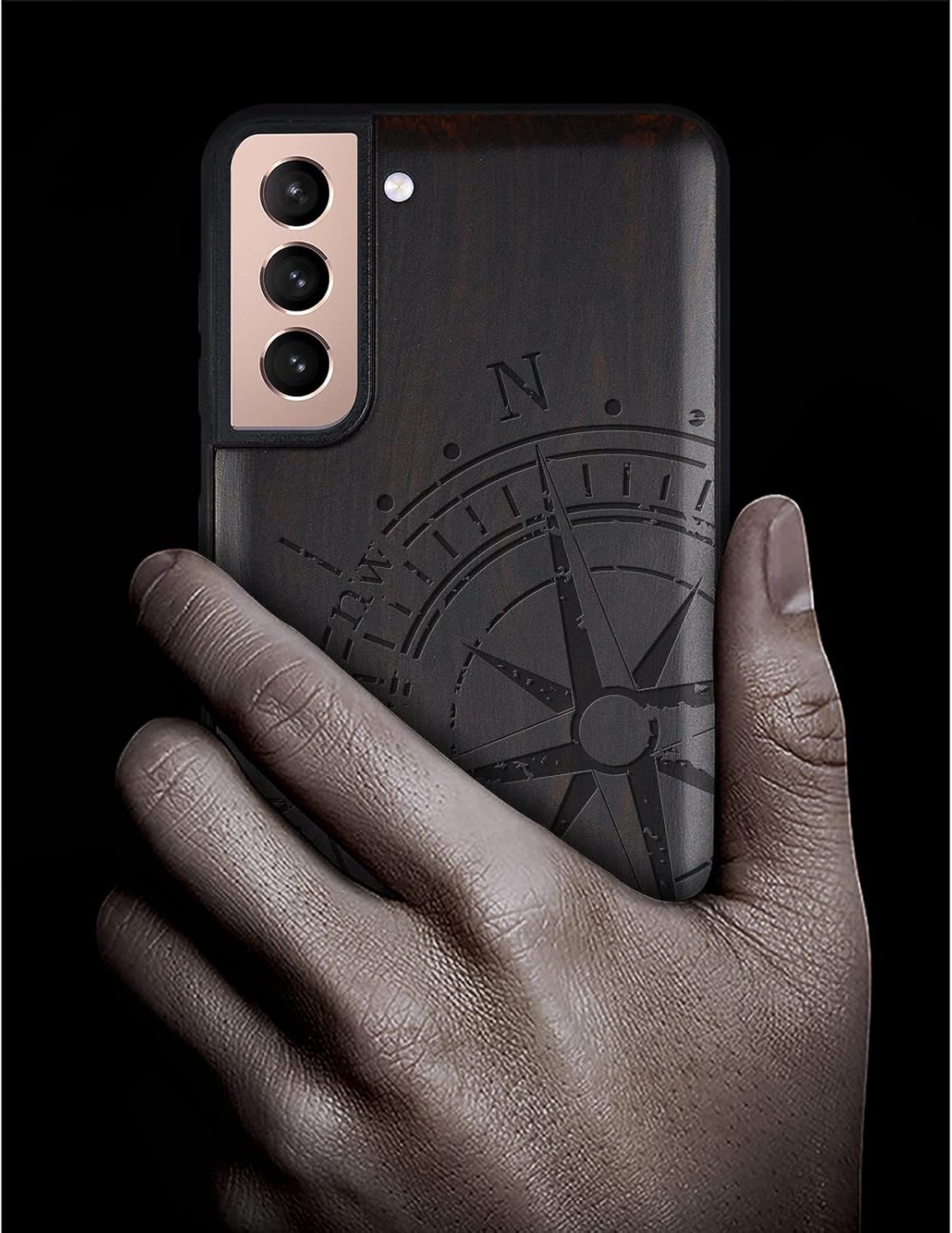 Carveit Wood Case for Galaxy S21+ Case [Hard Real Wood & Soft TPU] Shockproof Hybrid Protective Unique Wooden Cover Compatible with S21 Plus 5G (Vintage Compass Carving-Blackwood)