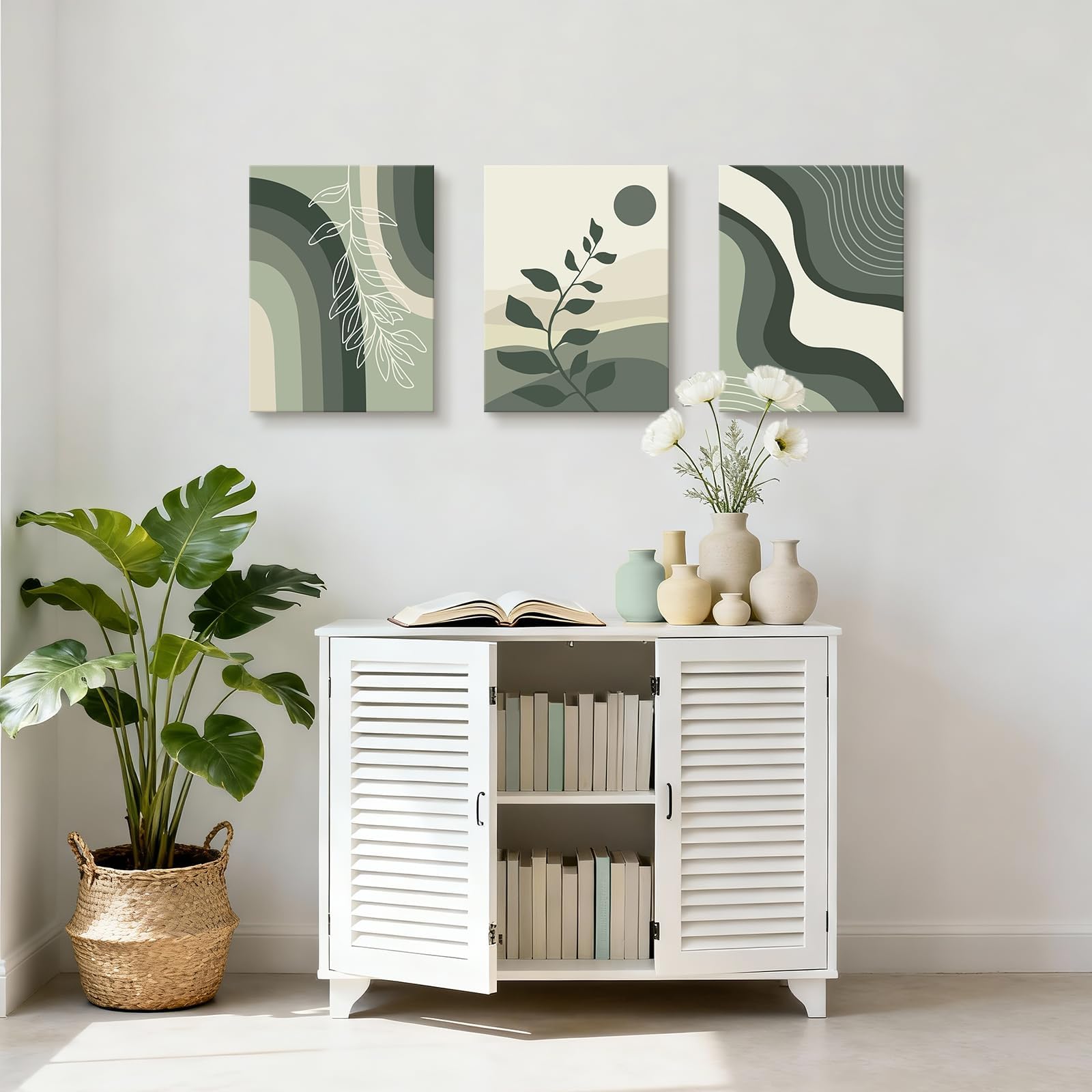 EGJEPWFH Bohemian Abstract Geometric Picture Prints-Dark Green Minimalist Botanical Canvas Modern Living Room Bedroom Wall Decor(75x110cmx3/NO frame)