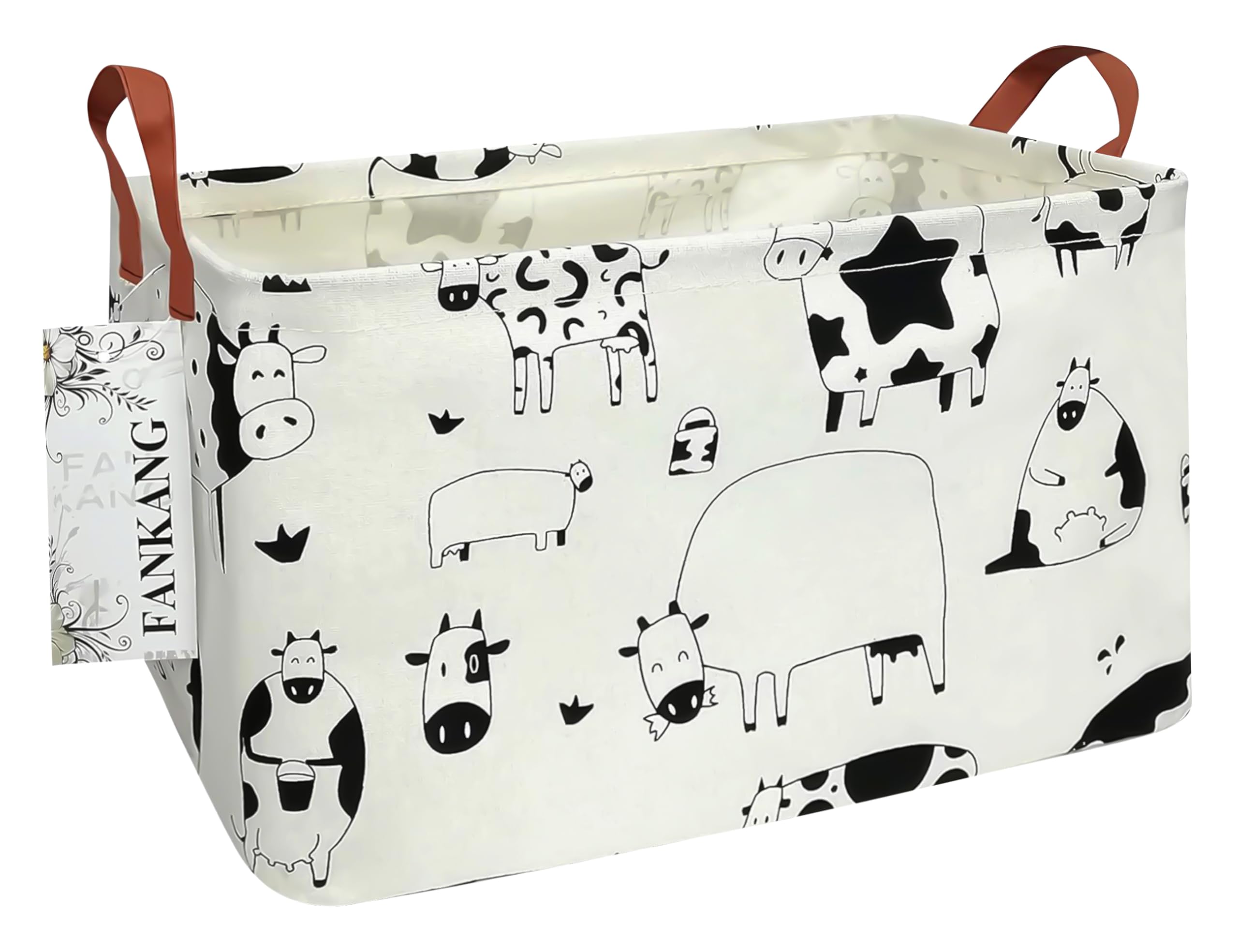 FANKANG Storage Basket,Nursery Hamper Canvas Laundry Basket Foldable with Waterproof PE Coating Storage, Office, Bedroom, Clothes,Toys(L, Rec-cows)