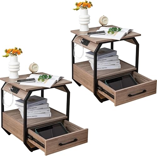 TROOPVILLE Juego de 2 mesitas de noche con estación de carga,Mesas de noche para dormitorio con puertos USB y tomacorrientes,Mesas auxiliares de