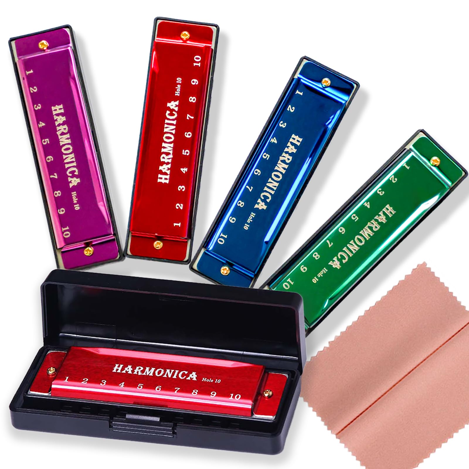 4 Pack C Key 10-Hole Harmonicas Set, Diatonic Blues Harmonica with Case & Polishing Cloth, Musical Instruments for Adult Beginners (Green Red Blue Purple)