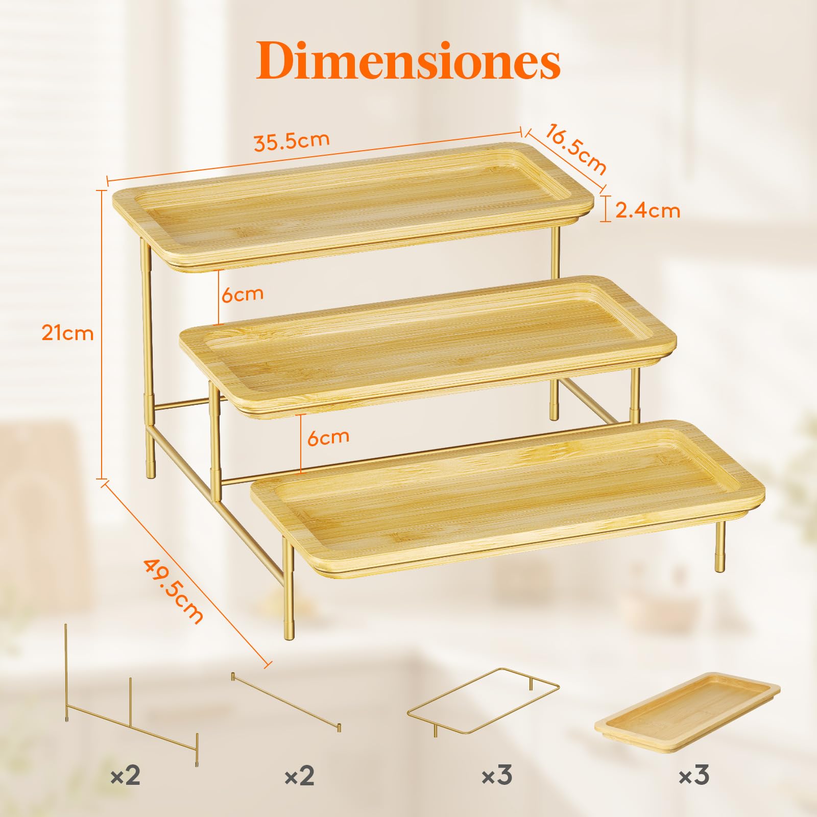 Lifewit Bandeja de servir de bambú de 3 niveles, 36 x 17 cm, bandeja de servir con soporte de metal dorado para suministros de fiesta, accesorios de bufé, grandes bandejas reutilizables para