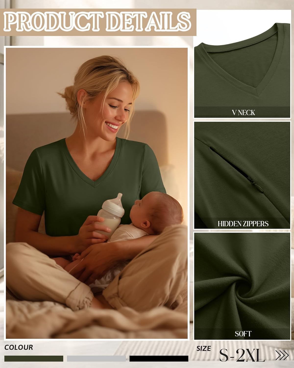 3 Pack Women's Nursing Tops, Hidden Zipper Nursing Shirts for Breastfeeding & Pumping V Neck Short Sleeve - Image 5