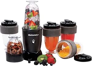 Elite Gourmet EPB-1800 17-Piece Personal Drink Mixer Blender, Sports Blender 16 Oz capacity, Includes Chopping and Blending Blade, Drink Lids and Extra Cups, Black