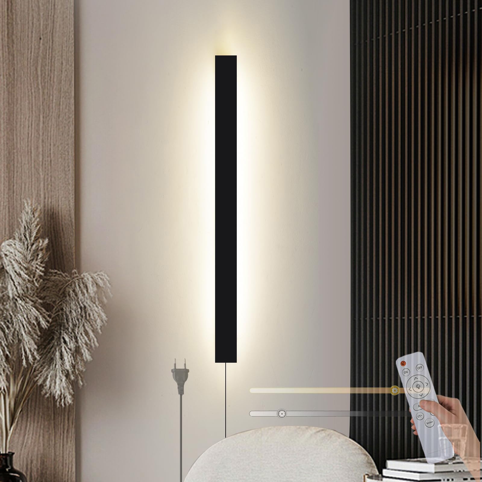 Dimmbar Wandleuchte mit Fernbedienung LED Wandlampe mit Schalter und Stecker Lange Innen Wandbeleuchtung Moderne Flurlampe Innenbeleuchtung Für Schlafzimmer Wohnzimmer Treppenhaus (Schwarz,80CM)