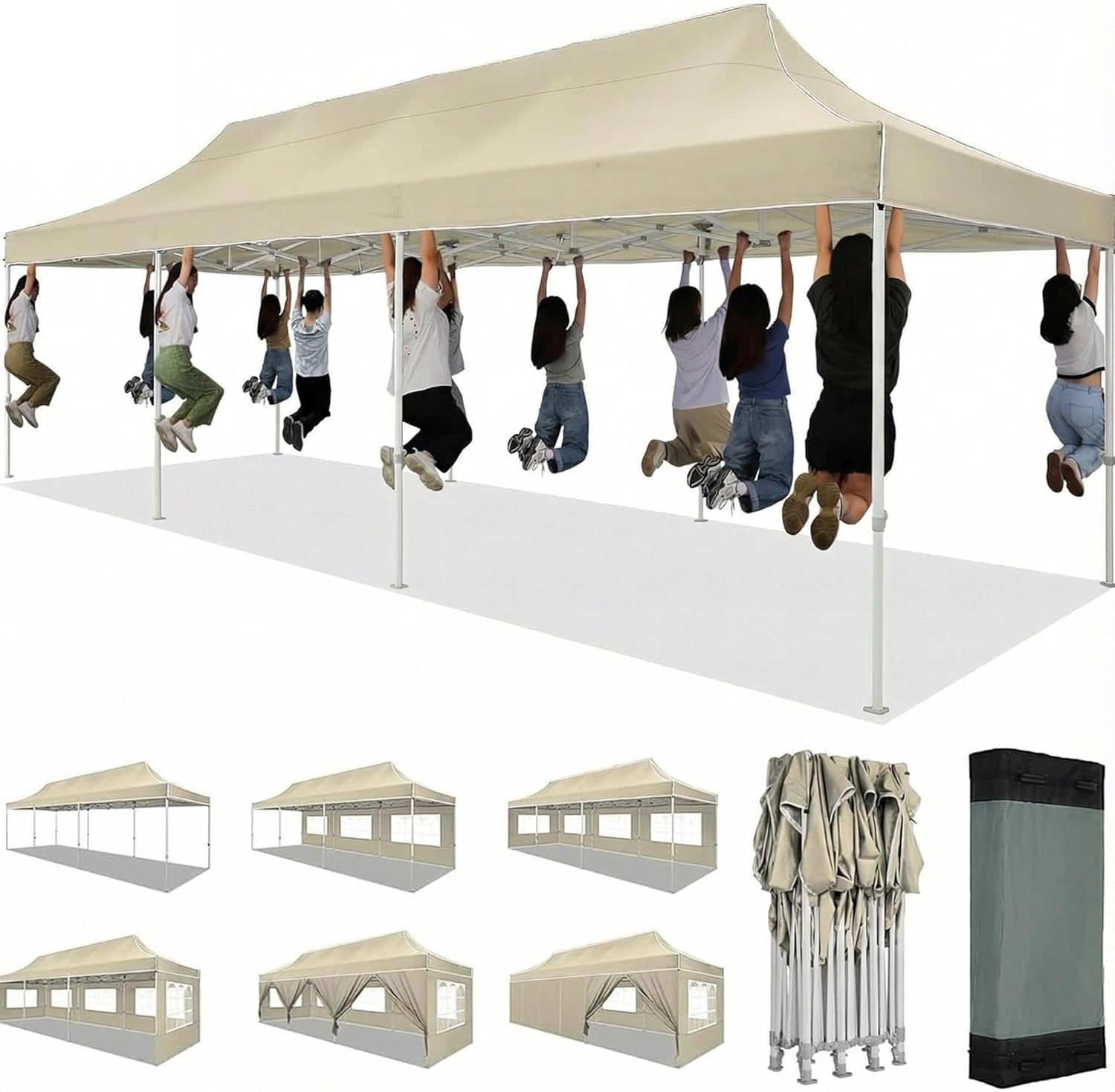 COBIZI 10x30 Heavy Duty Pop up Canopy Tent for Parties with 8 Sidewalls(Hexagonal Frame), Easy Setup Outdoor Commercial Gazebo for Wedding Event, with Portable Bag & Sand Bags, Khaki