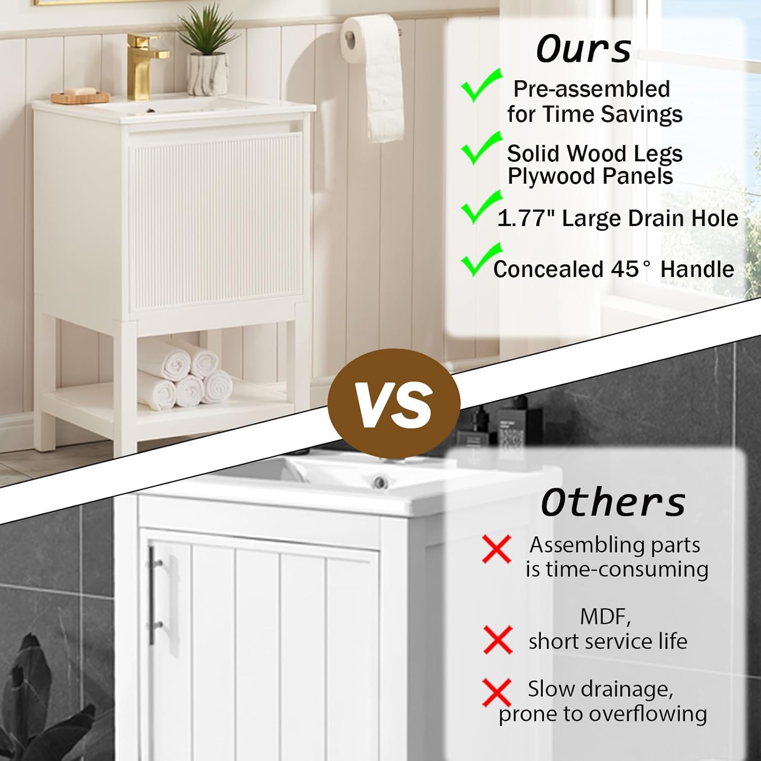 Eleshine 20 inch Bathroom Vanity with Single Sink, Solid Wood Fluted Bathroom Vanities with Soft-Close Door and Storage Box, Plywood & Pre-Assembled,Integrated Ceramic Basin - White