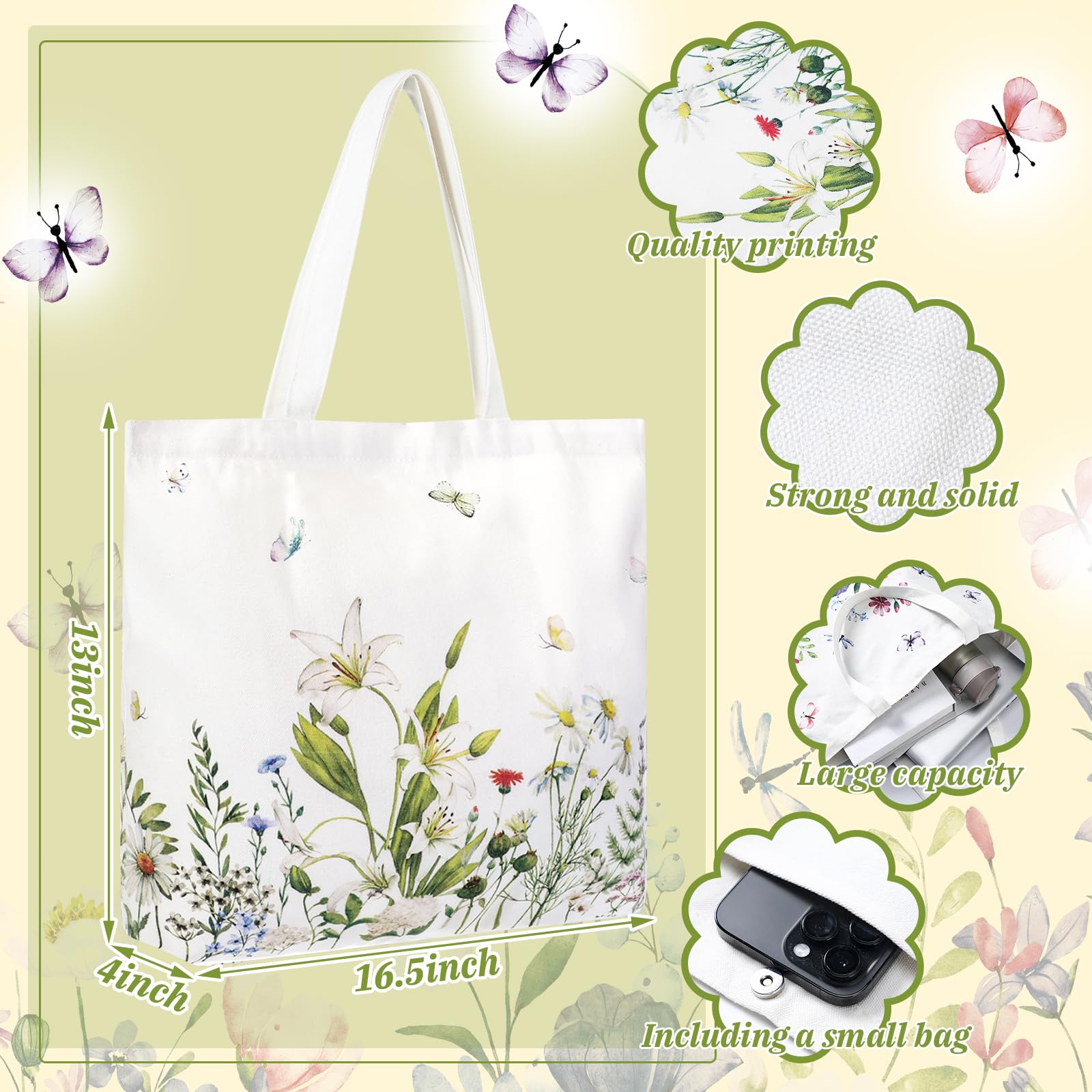 Bencailor 12 x Blumen-Tragetaschen, Leinen, Geschenktüten, wiederverwendbar, ästhetische Wildblumen, Einkaufen, Lebensmittelhandtaschen für Damen, Teeparty-Geschenke