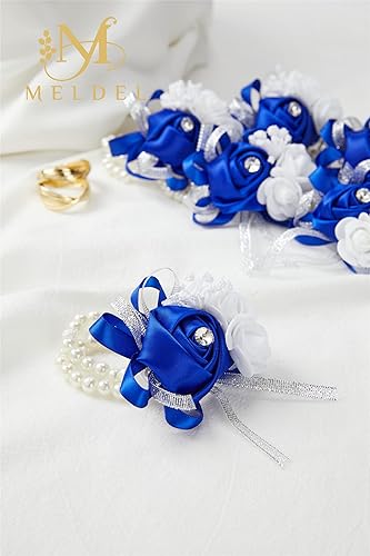 Miniatura 7 de Meldel Ramilletes de muñeca de flores para boda, juego de 6, ramilletes de muñeca azul real para baile de graduación, novia, dama de honor, niña,