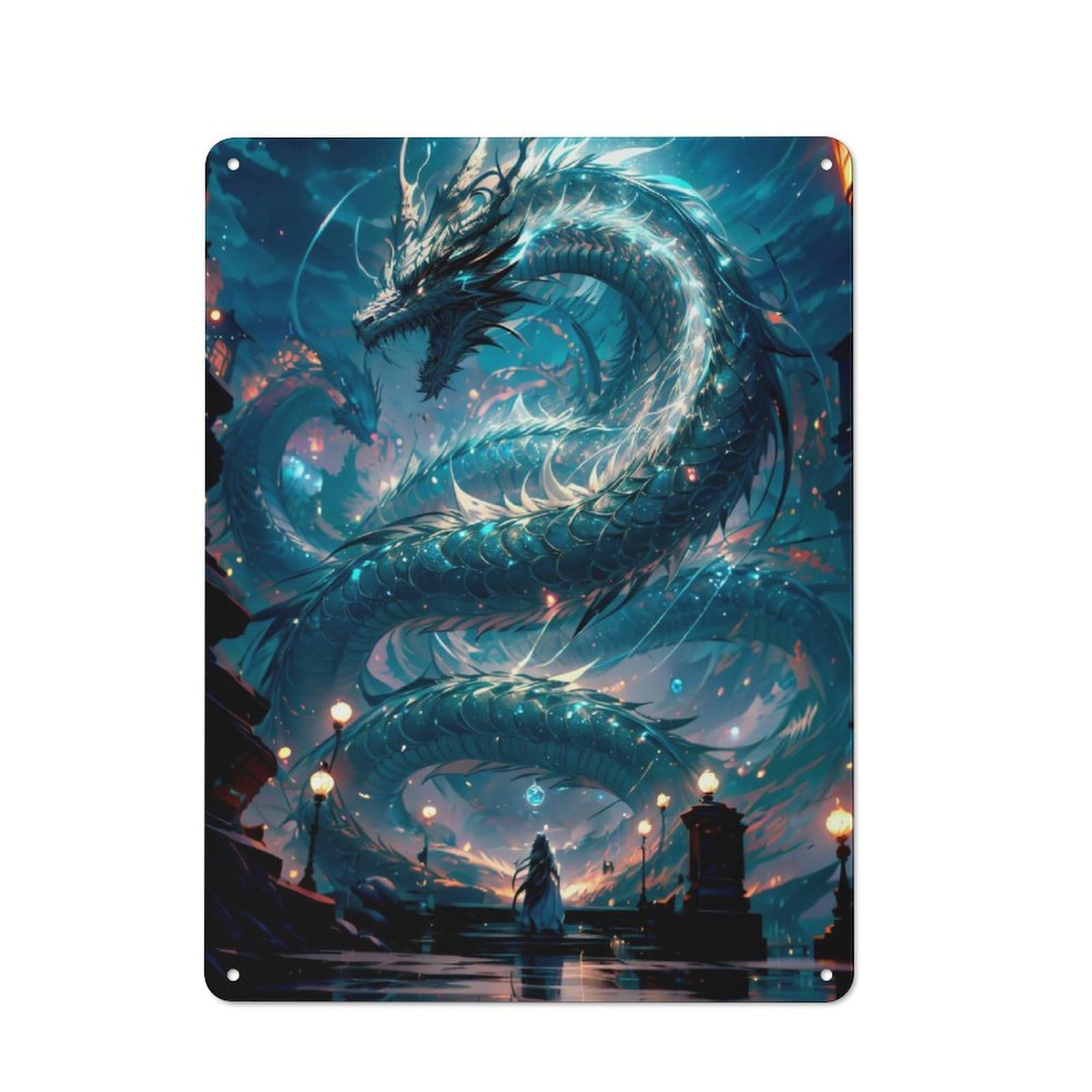 Junmoney Blue Water Dragon Fantasy Metal Wall Plaque For Halloween Party Room, Bar, Hallway Or Kitchen, Seasonal Gift For Friends And Spooky Decor Lovers, 40X30cm