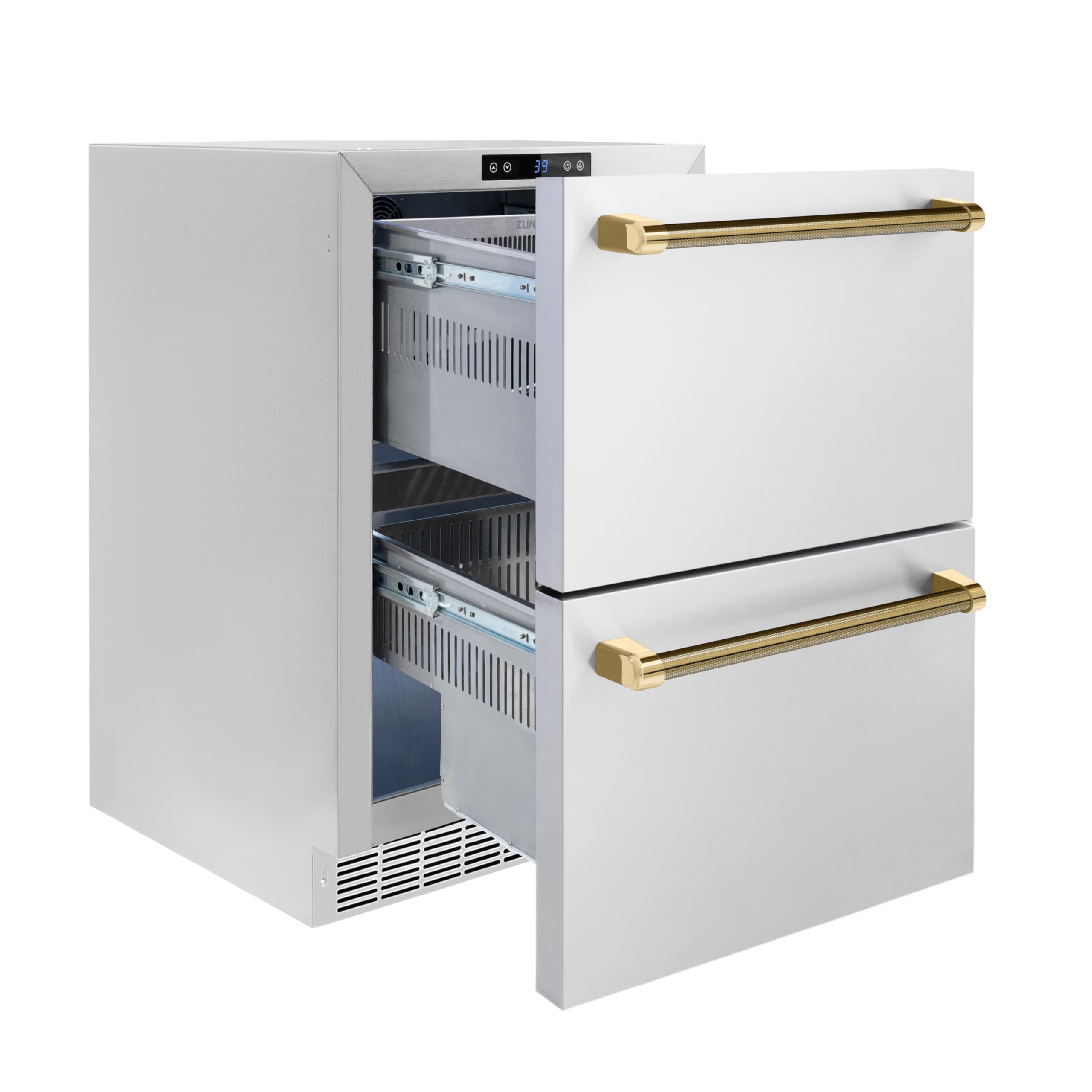 ZLINE Autograph Edition 24 In. Touchstone 168 Can Outdoor-Rated Dual Refrigerator Drawer With Stainless Steel Doors And Polished Gold Helix Handles (Rdsoz-St-24-Kg) on Fridge.com - View 3