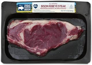 Great Range Bison Ribeye Steak - Grass-Fed, Hormone-Free, Low-Fat Wild Game, 0.625 lb