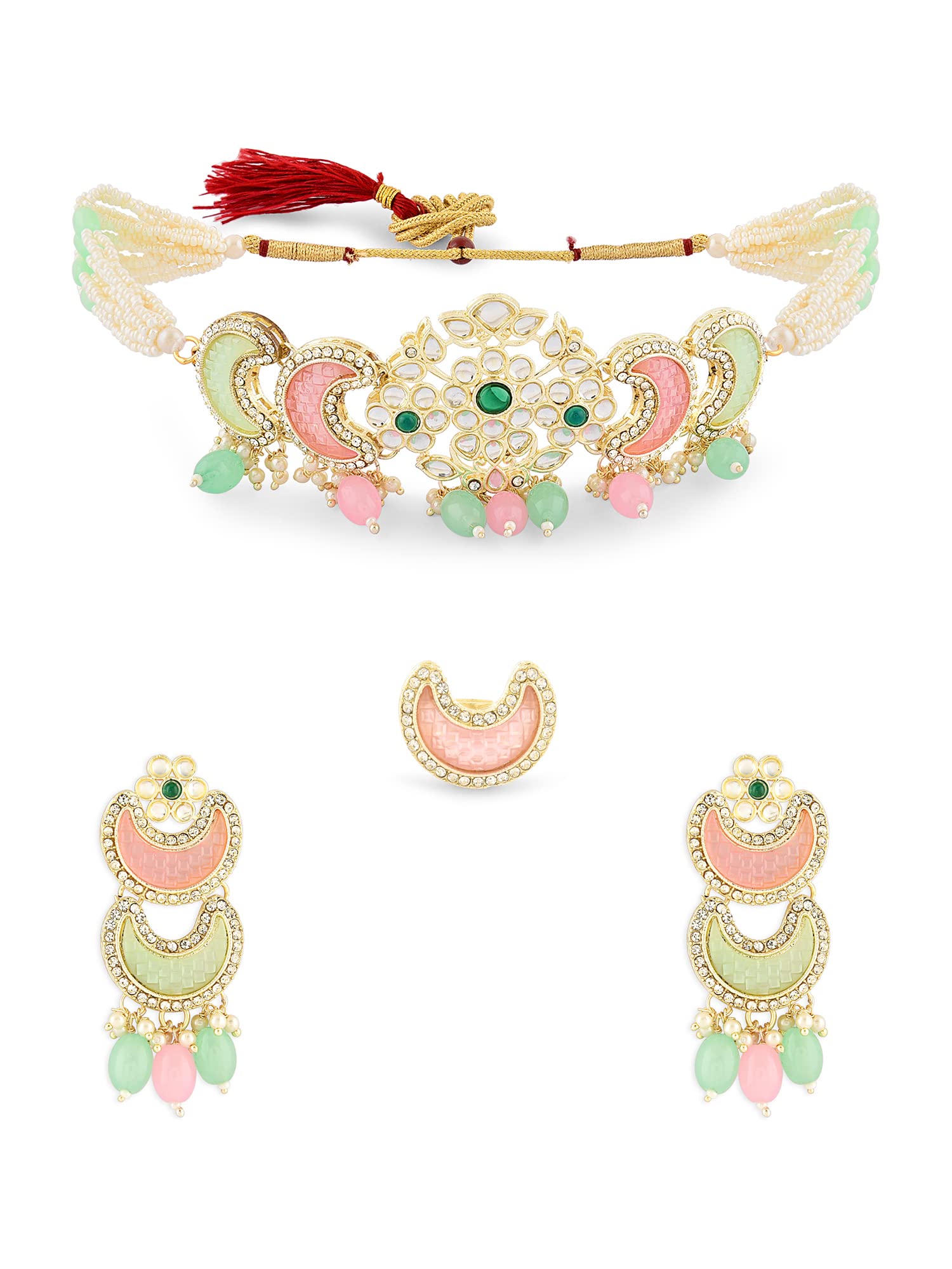 ZAVERI PEARLS Pink Green Crescent Stones Kundan Choker Necklace Earring Ring Set For Women-ZPFK15908 (B0C4H3BBM1) Amazon Price History, Amazon Price Tracker