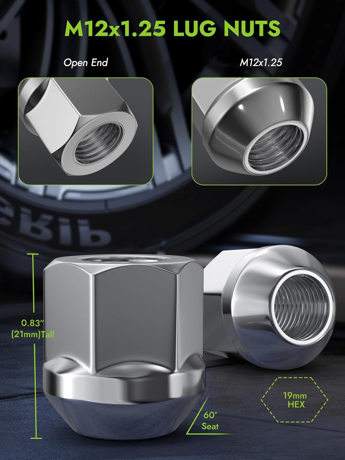 AUTOPTIM 20PCS M12X1.25 Open End Lug Nuts - Replacement for Nissan Sentra Altima Maxima Subaru Ascent Crosstrek Forester Impreza Legacy Suzuki Aftermarket Wheel, Chrome Conical Bulge Seat Lug Nuts