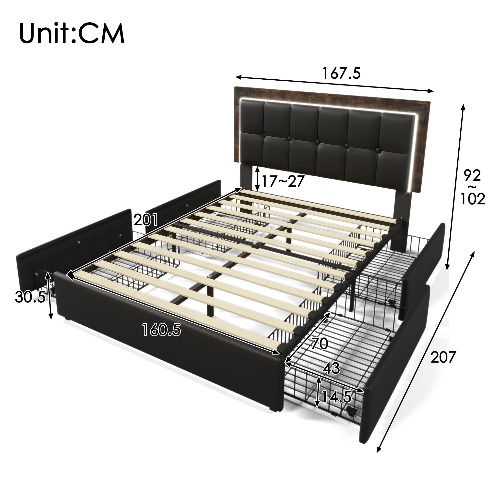 Lit Double 160x200cm Avec éclairage LED, Tête Réglable Et Rangement - Effet Flottant, Simili Cuir Noir, Charge 300kg