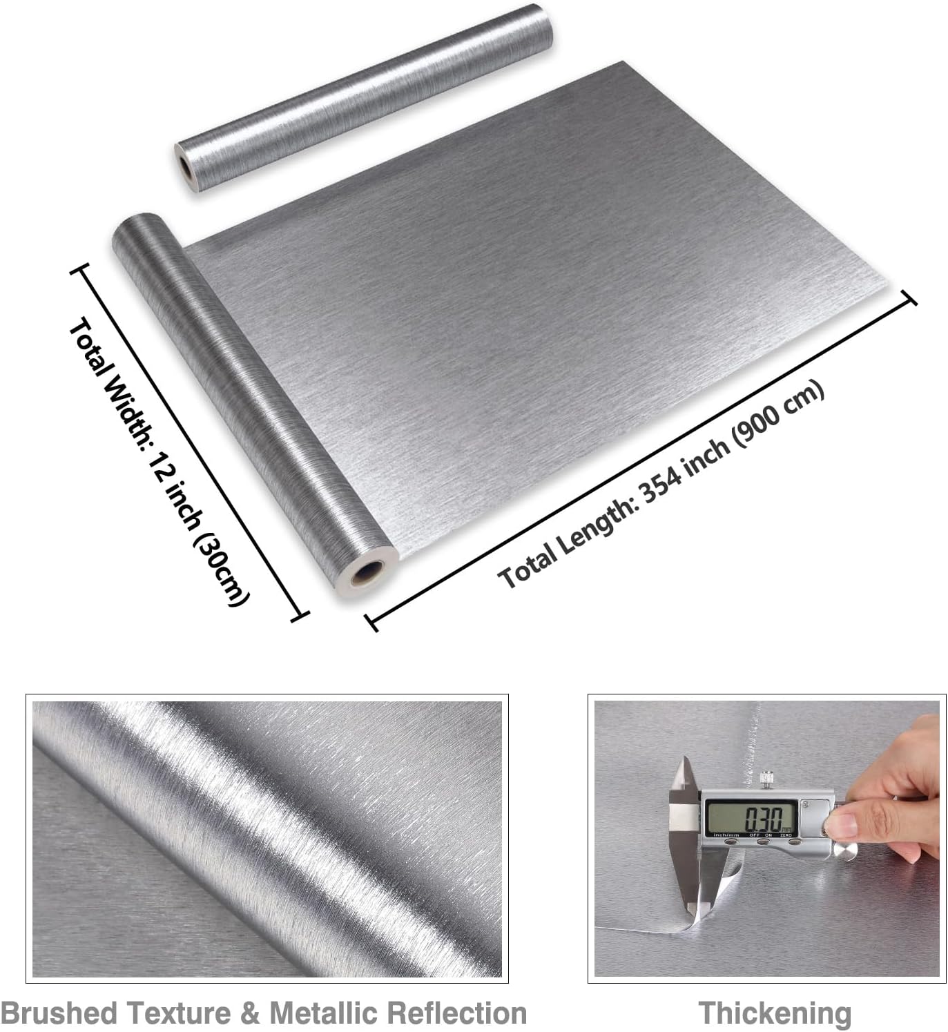 CRE8TIVE Brushed Silver Stainless Steel Contact Paper Peel and Stick Metallic Wallpaper for Kitchen 12"x354" Removable Self Adhesive Silver Contact Paper for Cabinets Waterproof Vinyl Backsplash Walls