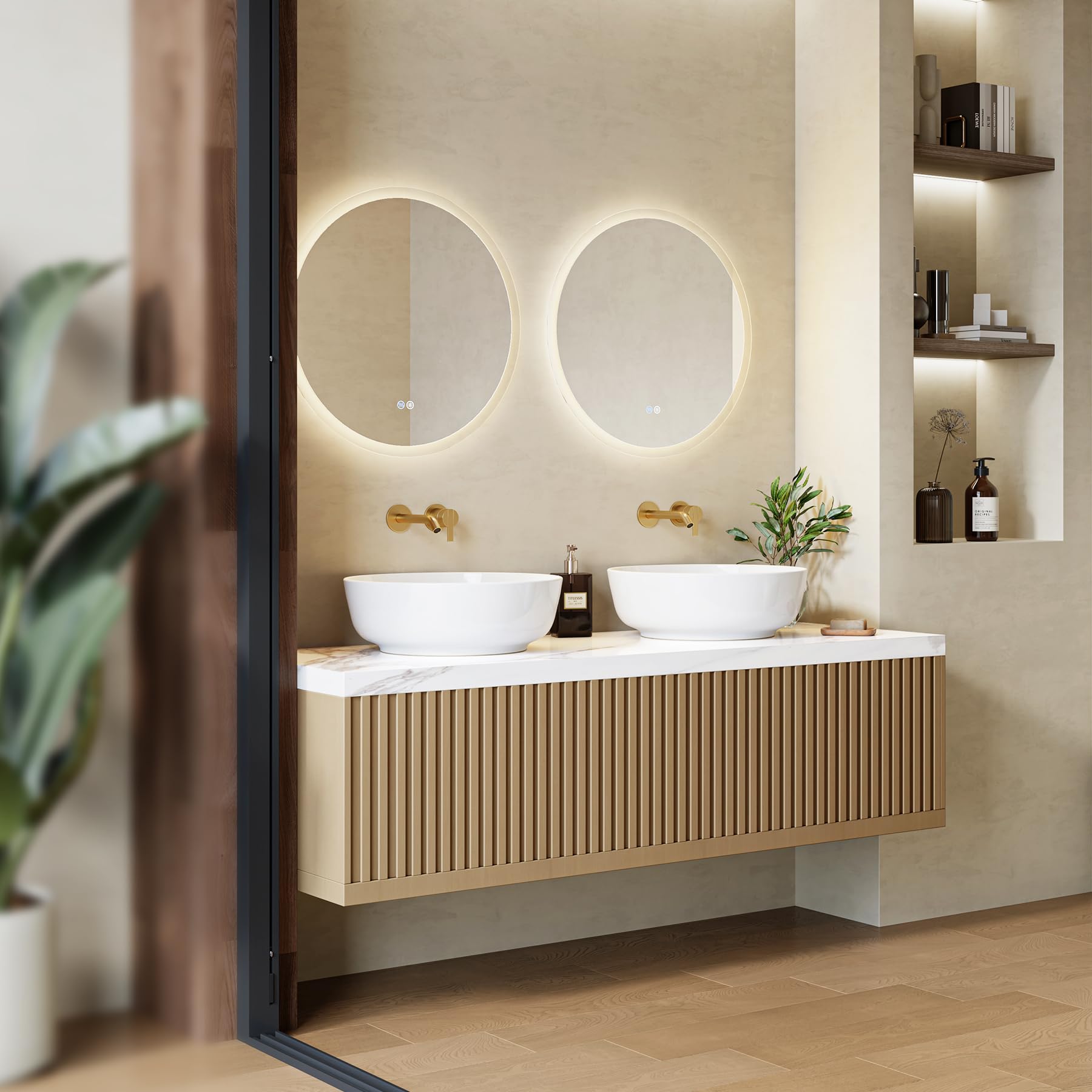 HOROW Rund Aufsatzwaschbecken Weiß Handwaschbecken ohne Hahnloch, Kleines Waschbecken 41 cm, ultradünner Rand, 1280℃ gebrannt, schnell entwässernd für Badezimmer Gäste-WC