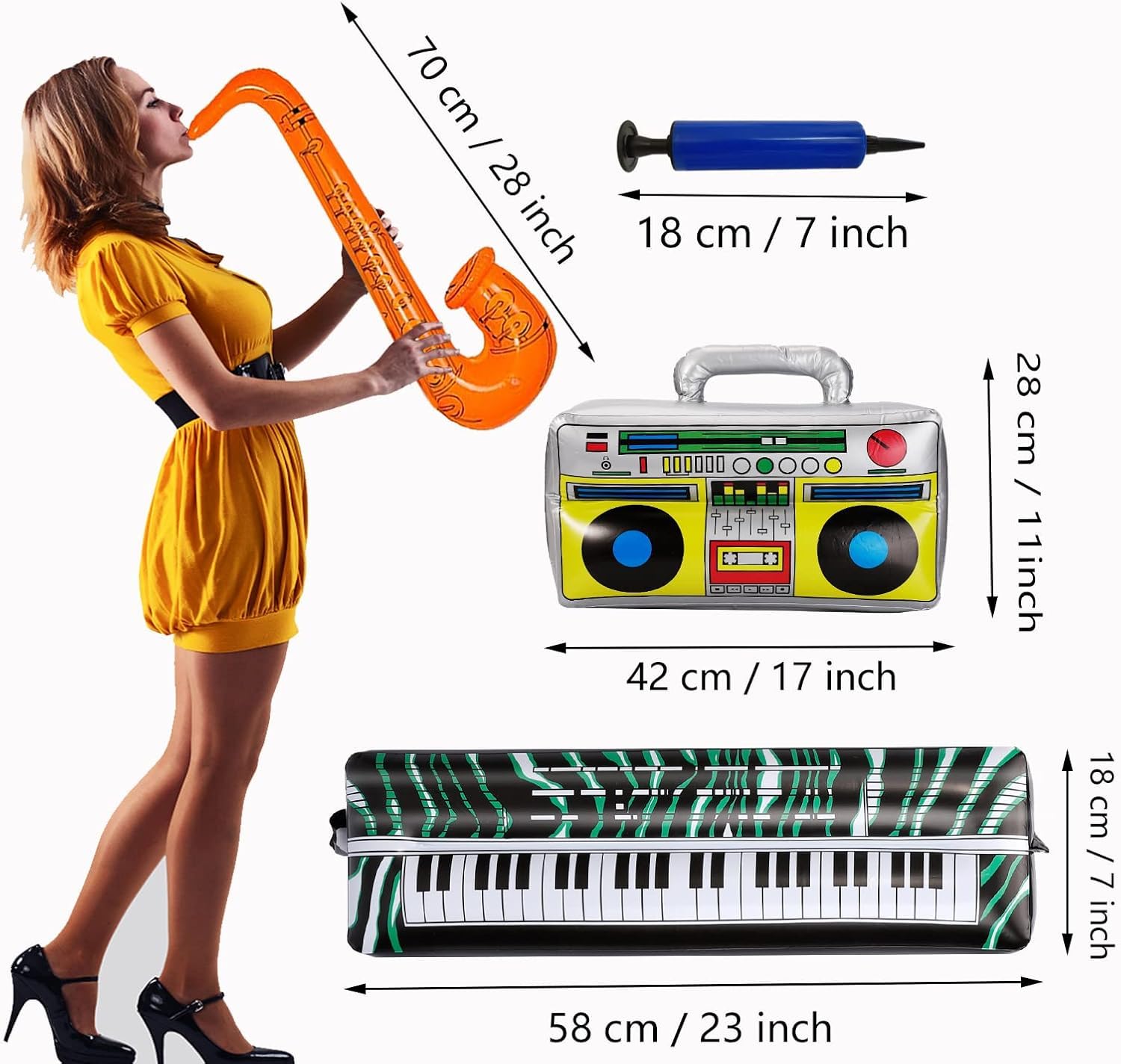 16pcs Juegos de Instrumentos inflables,Juego Estrella de Rock Inflable,Guitarra Inflable, micrófono saxofón, Gafas de Sol, Accesorios de Fiesta inflables