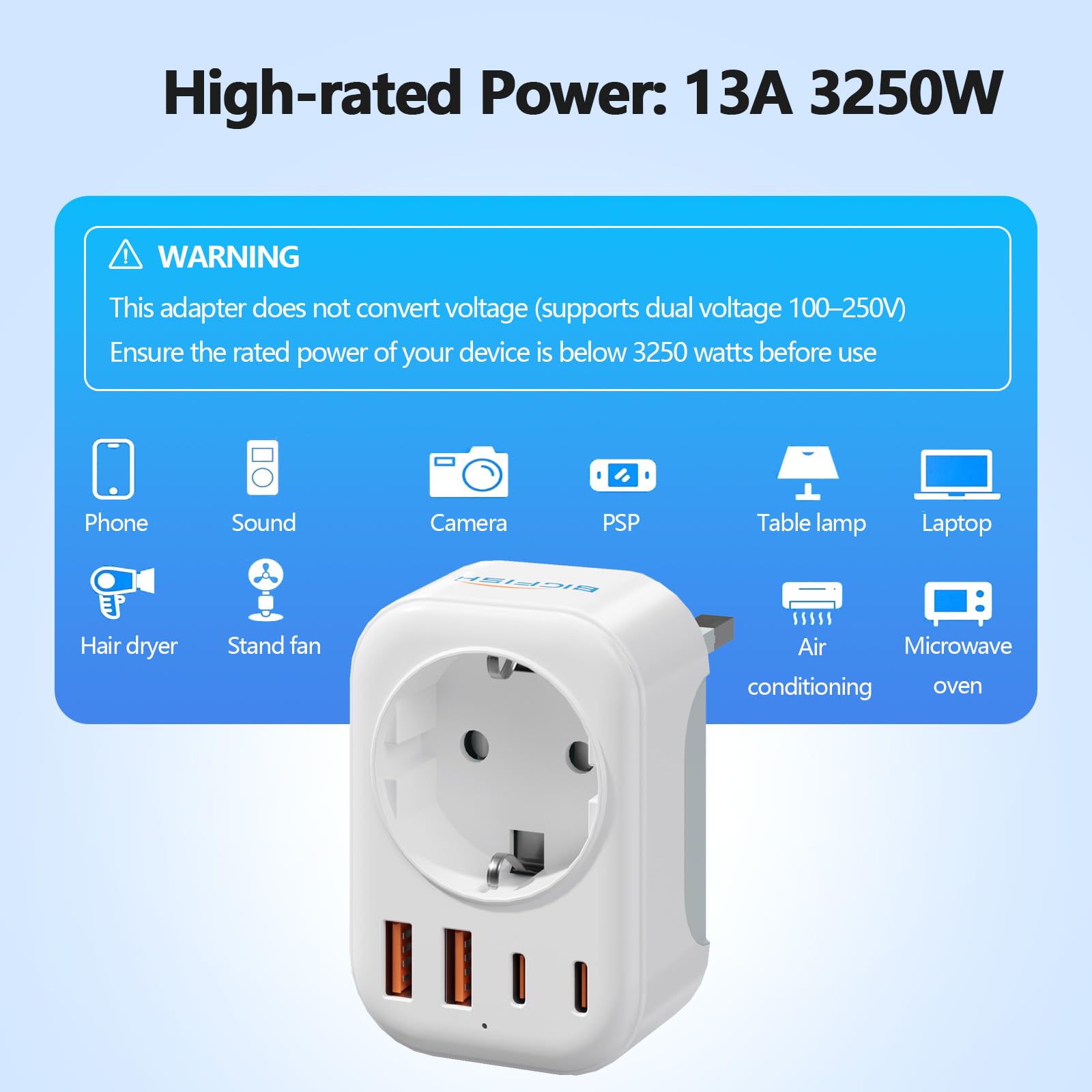 Bigfish Adapter Anglii Niemcy wtyczka z 2 USB-C i 2 USB-A (3,4 A), adapter UK adapter do gniazda wtykowego Anglia, adapter podróżny UK typ G do UE do Anglii/Szkocji/Irlandii/Dubaju/Maldives