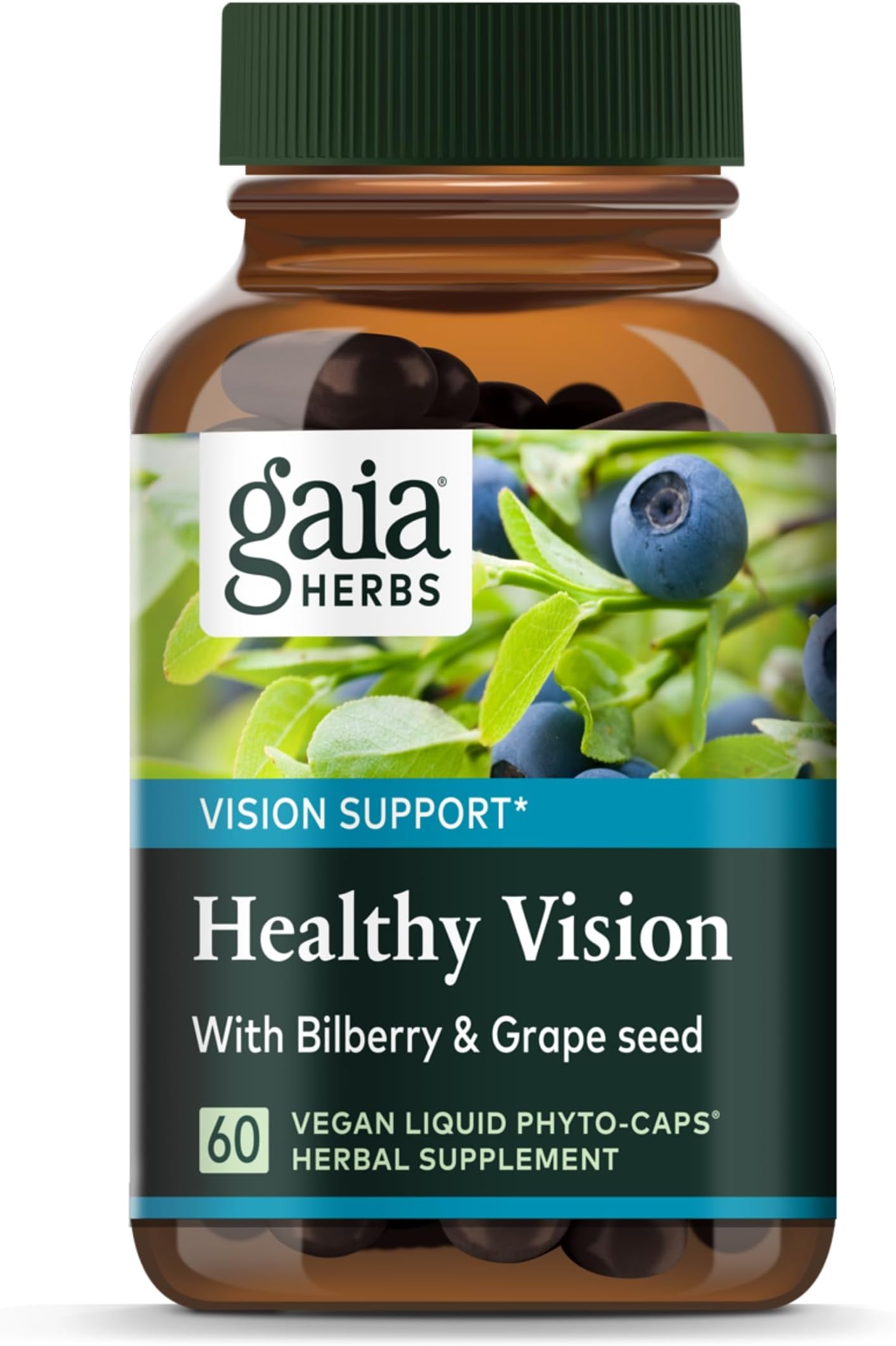 Gaia Herbs Healthy Vision - Vision Support Supplement to Help Maintain Eye Health - with Bilberry, Grape Seed, and Lutein from Marigold Flowers* - 60 Vegan Liquid Phyto-Caps (30-Day Supply)