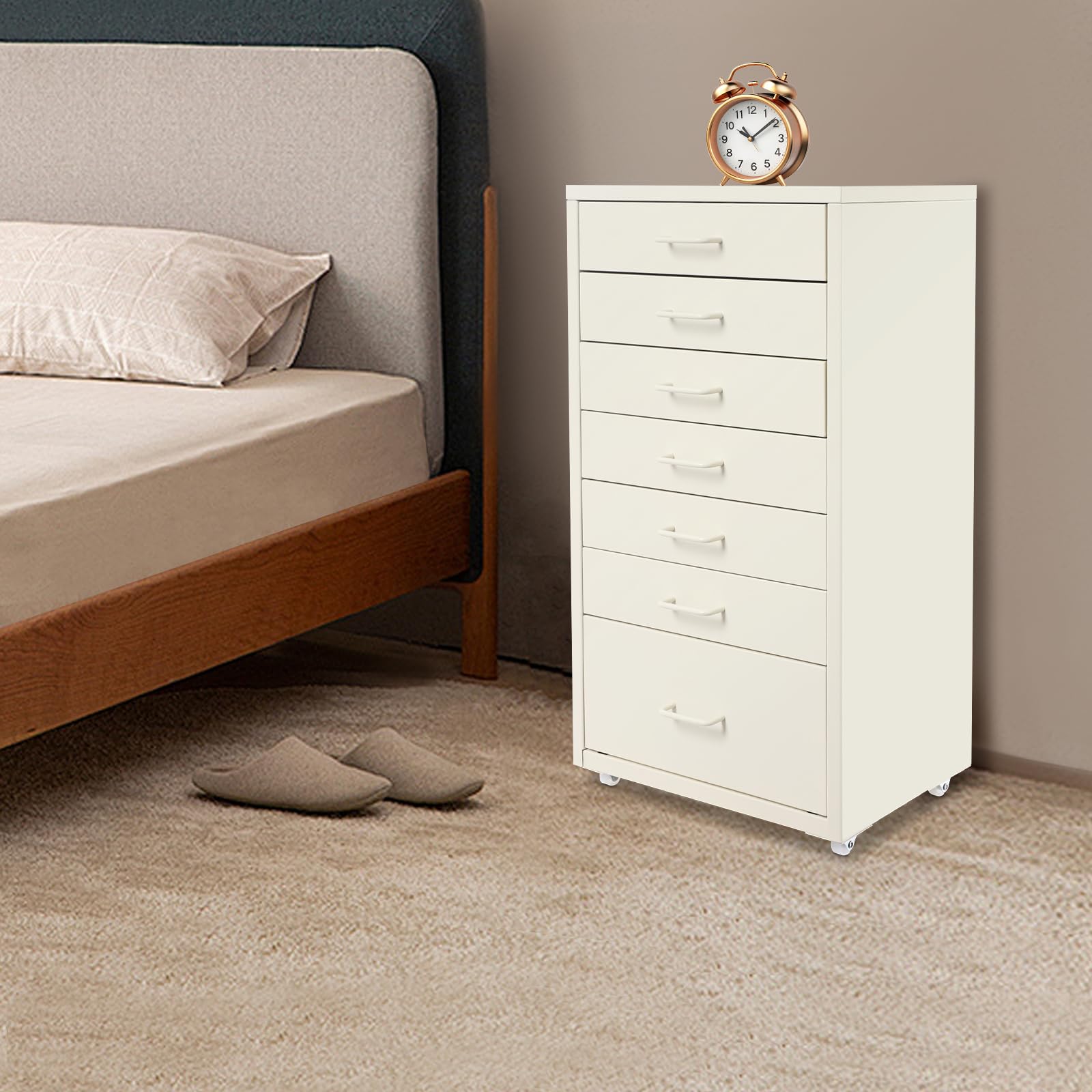 Contenitore a rotelle in metallo con 7 cassetti, Armadio per documenti mobile, Armadio per ufficio con ruote, Contenitore a rotelle Cassettiera con rotelle per casa ufficio, 35 x 26 x 69 cm (Beige)