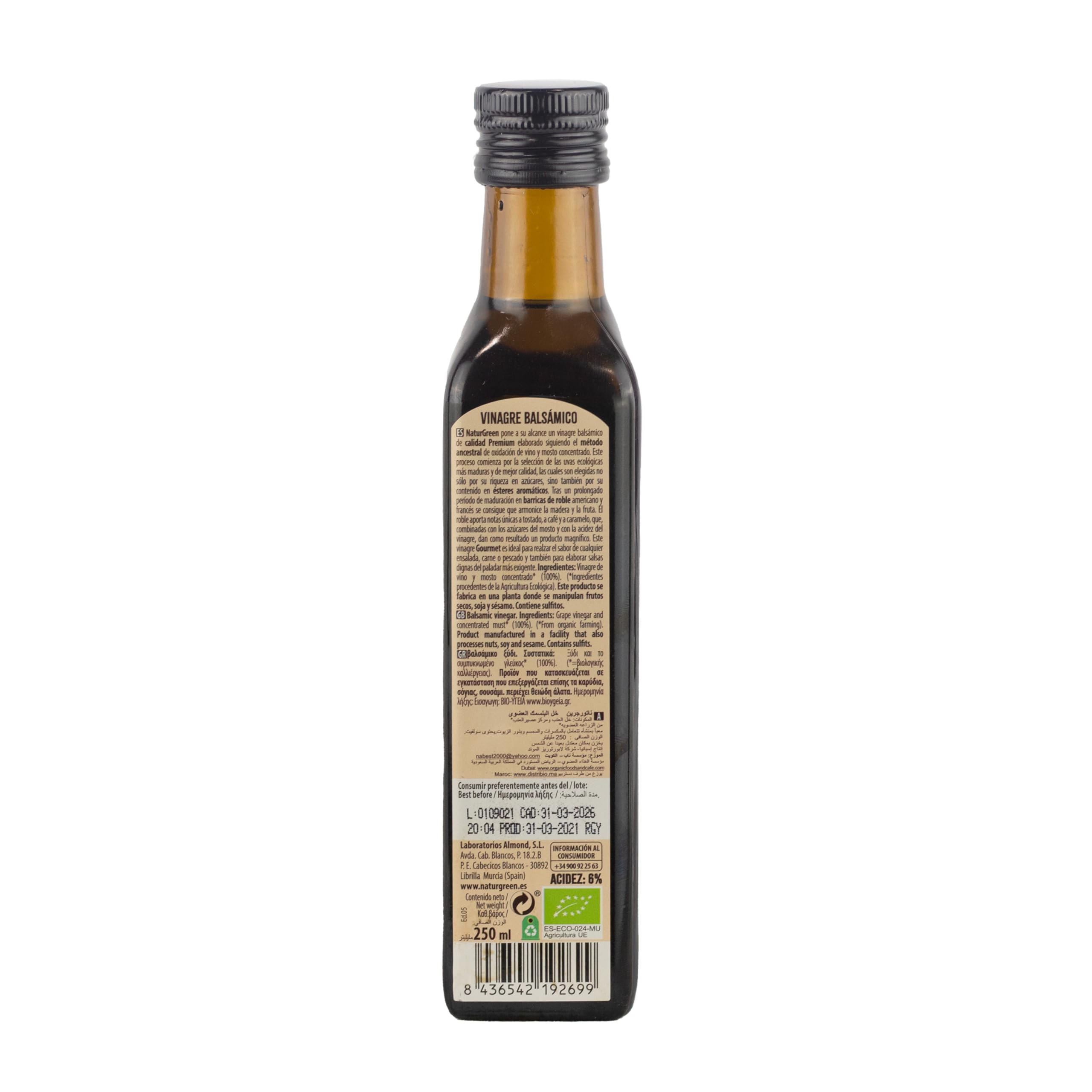 NaturGreen - Vinagre Balsámico Bio, Pack 6 x 250 ml, Ecológico, Sin Gluten, Sin Azúcares Añadidos, Vegano, Sabor Intenso, Ideal para Ensaladas, Marinados o Reducciones