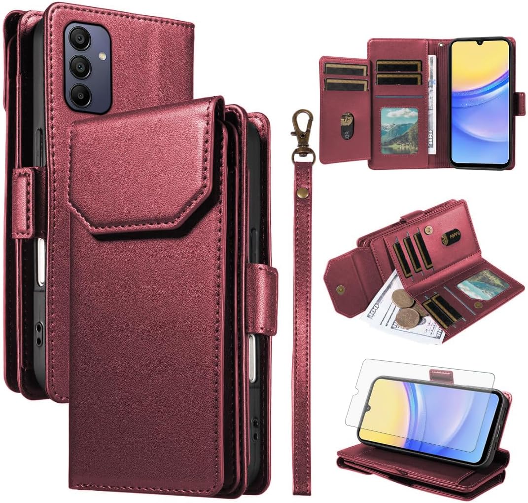 Asuwish Phone Case for Samsung Galaxy A15 5G/4G Cell Wallet Cover with Tempered Glass Screen Protector Flip Credit Card Holder Slot Stand A 15 G5 15A Women Men Folio Purse Lanyard Wrist Green