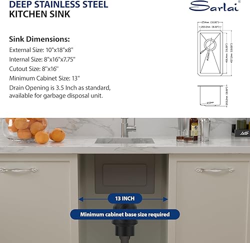 Miniatura 7 de Sarlai Fregadero de cocina empotrado de 30 pulgadas, acero inoxidable de 30 pulgadas, fregadero de un solo cuenco de calibre 16, 30 x 18 pulgadas,
