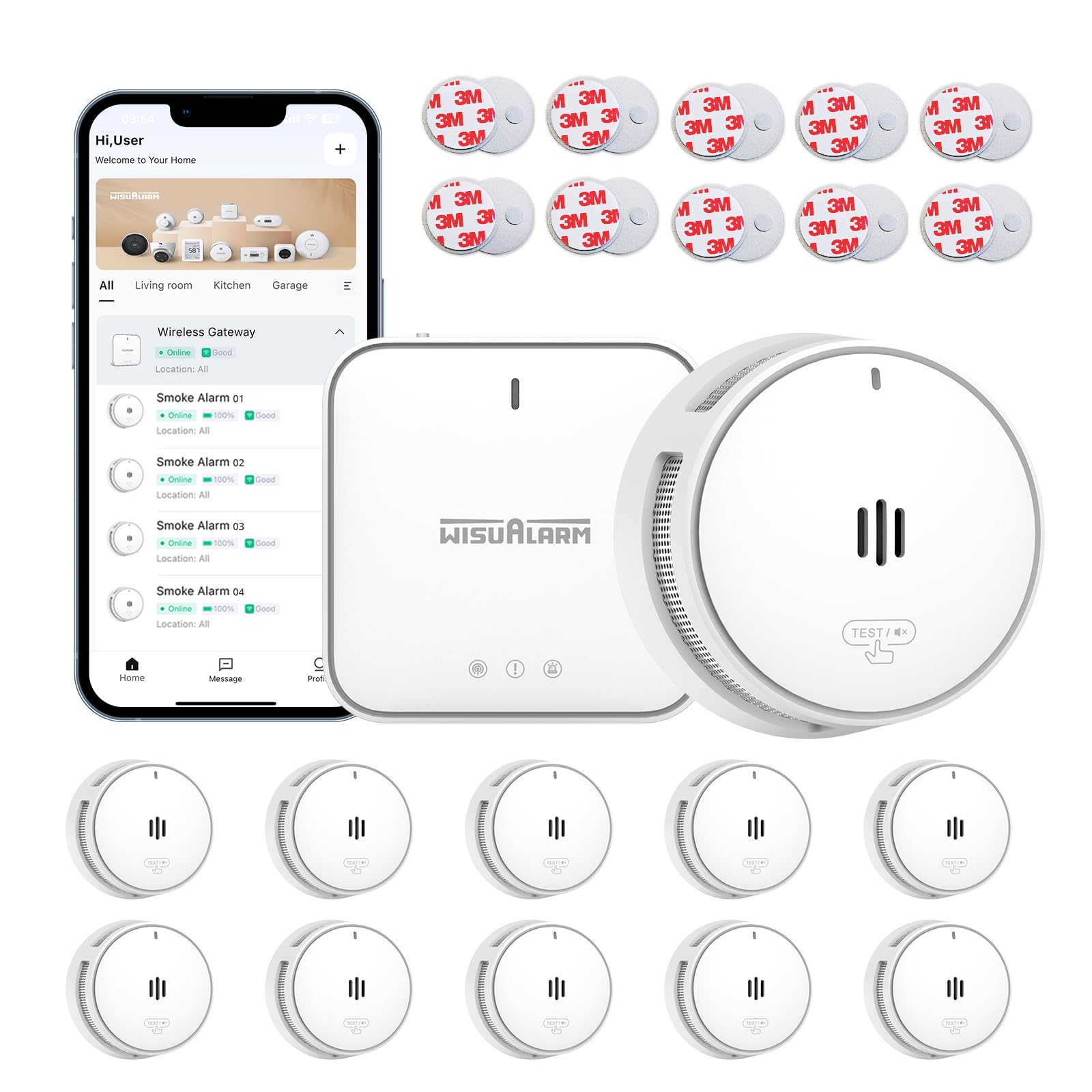 Wisualarm Rauchmelder Vernetzt mit Basisstation - intelligenter Feuermelder für Zuhause mit App für sofortige Push-Benac