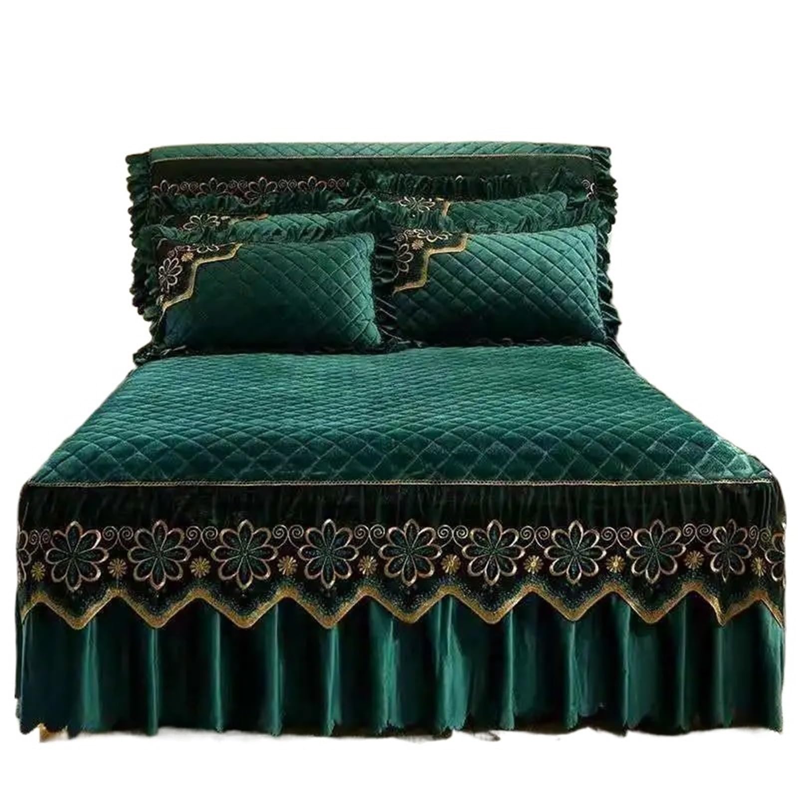 Quilted Bed Skirt Winter Warm Thicken Velvet Bedspread King Good Hand Feeling Not Included Pillowcase(Dark Green,1pc Skirt 180x200cm)