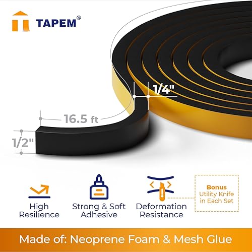 Miniatura 2 de TAPEM Burlete para puerta de 33 pies  2 rollos de 16.5 x 12 pulgadas x 14 pulgadas  Tira negra para sello de puerta  Cinta de espuma de neopreno
