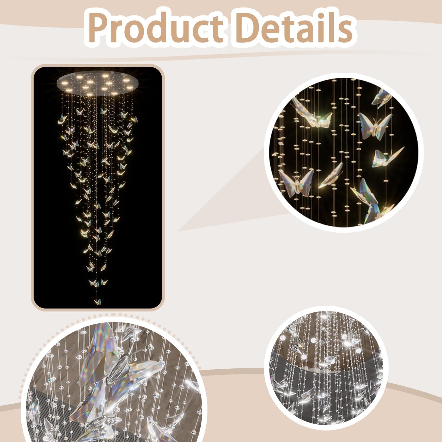 H102 High Ceiling Chandelier Modern Crystal Chandeliers Lighting Raindrop Large Chandelier for Staircase Foyer Entryway Living Room Dimmable 3000-6000K