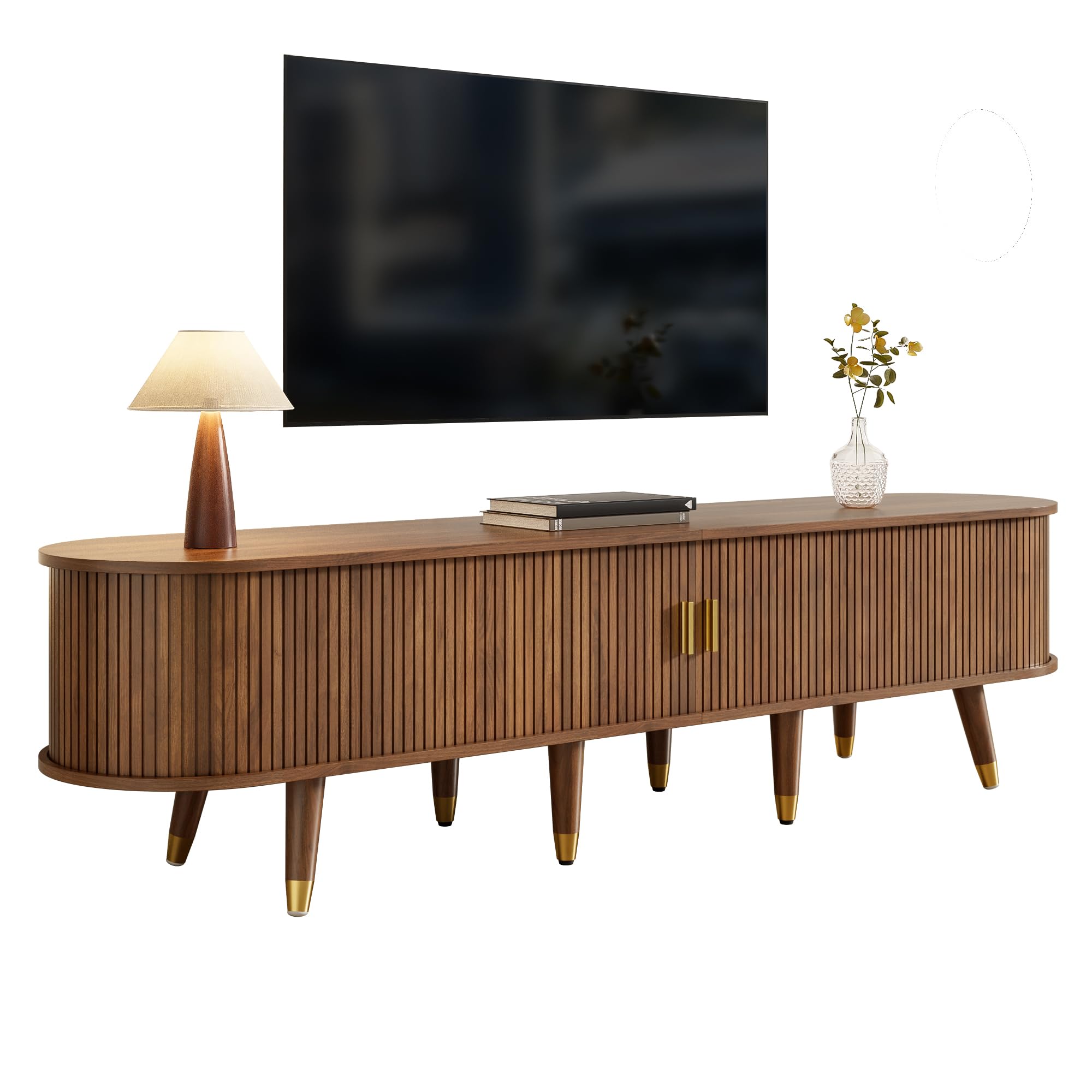 HAINEW Szafka pod telewizor z 2 drzwiami przesuwnymi i 2 szufladami, stolik pod telewizor, 6 półek i owalny blat stołu, do salonu, sypialni, kolor drewna, 175 x 38 x 45 cm