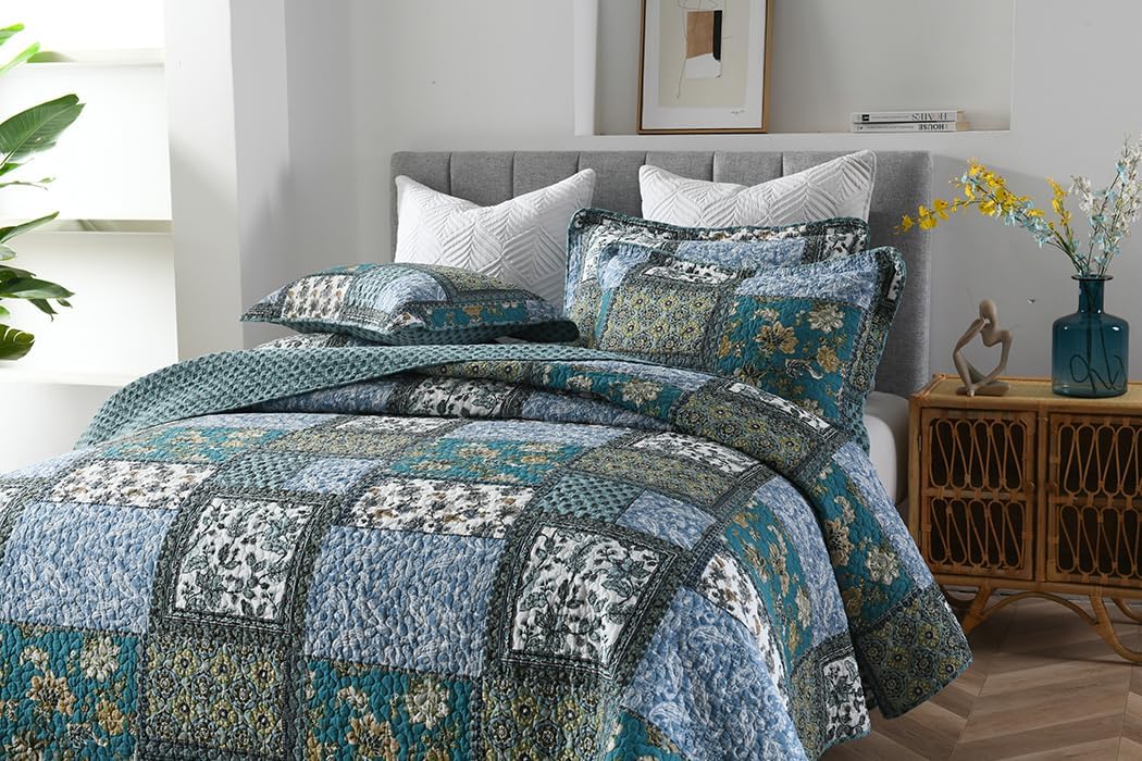 3-Piece Cotton Patchwork Bedspread Quilt Set King Size for All-Season Green King Green
