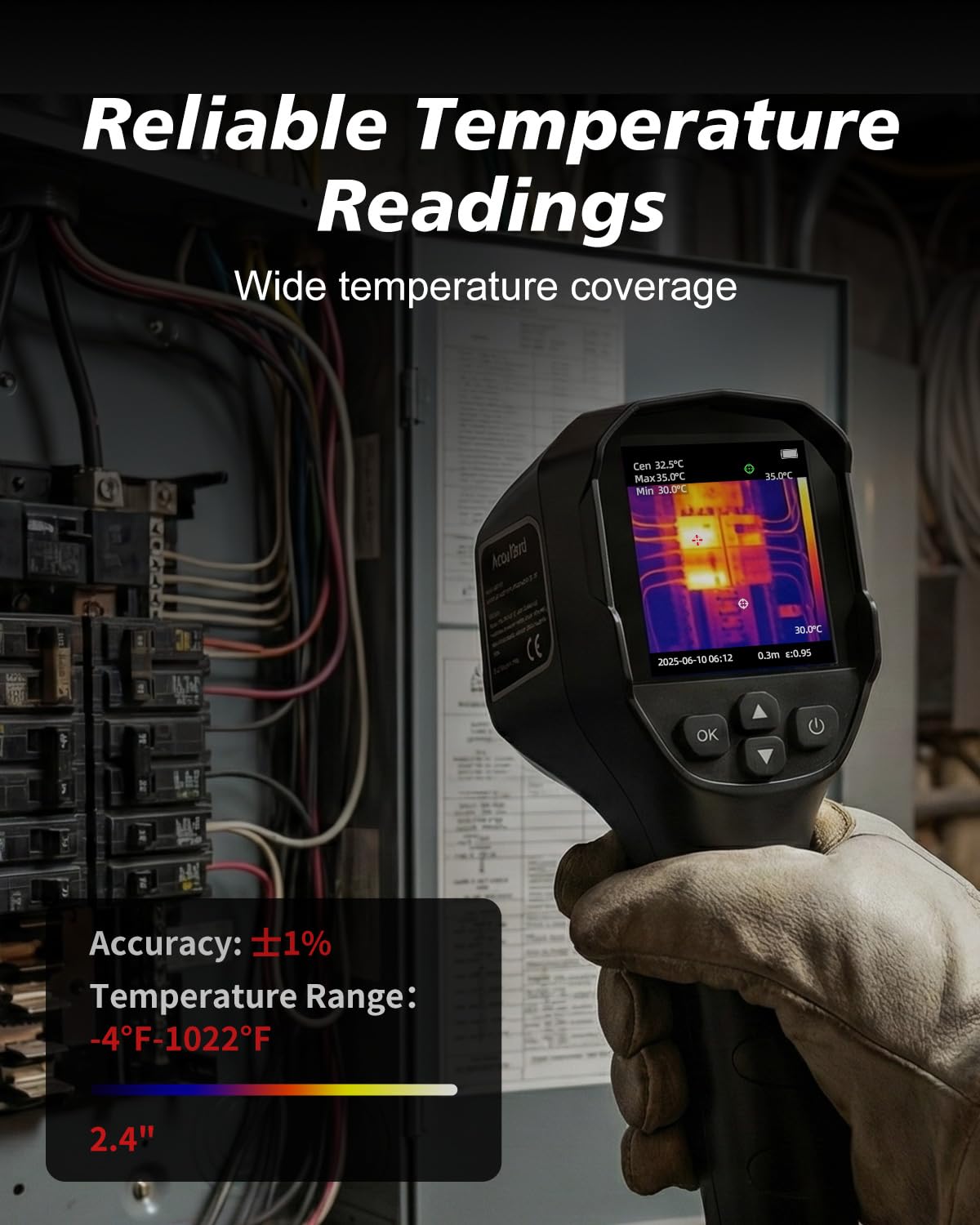 Handheld Thermal Imaging Camera, 25Hz Fast Refresh, TISR 240×240 Enhanced Display, -4°F to 1022°F, Temp Alarm, IP54 for Home & Industrial Use