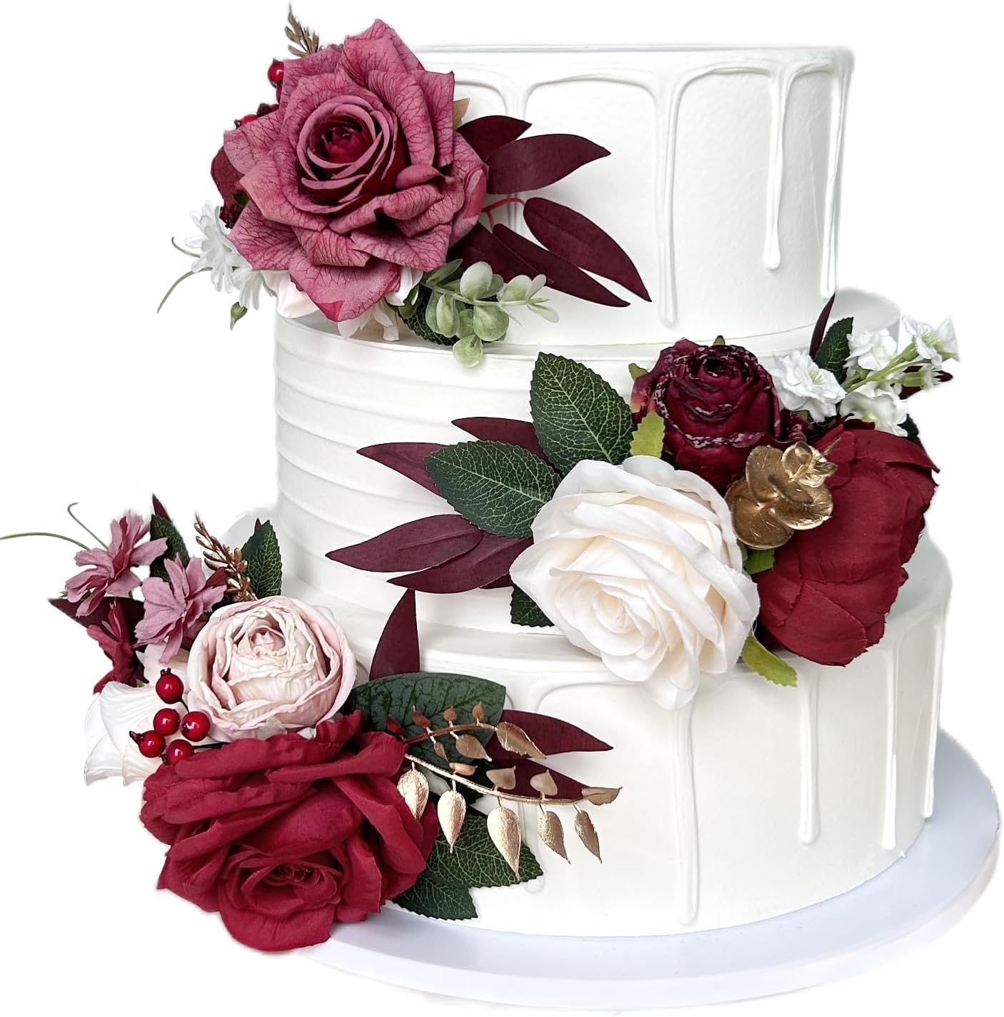 Pre-Made Burgundy Gold Silk Flowers for Cakes Decorations Dark Red Artificial Rose Peony Wedding Cake Toppers Decorating Fake Floral Anniversary Birthday Party Arrangements Table