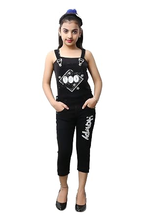 FNOCKS Girls Casual WEAR Slim FIT Trendy Blue Denim Dungaree Capri (Black