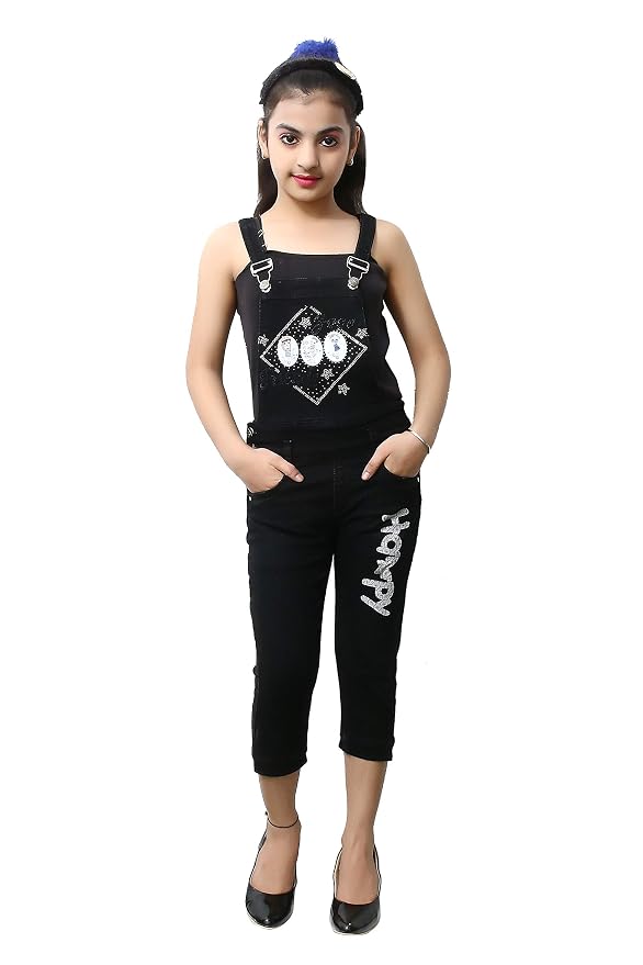 FNOCKS Girls Casual WEAR Slim FIT Trendy Blue Denim Dungaree Capri (Black